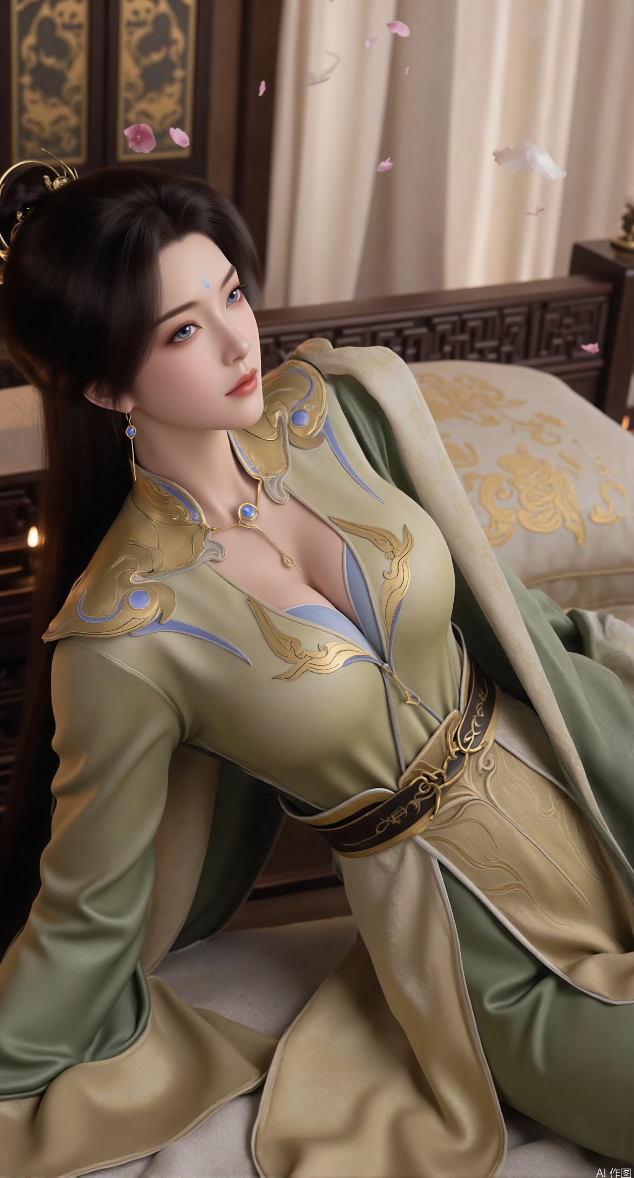 (masterpiece, best quality:1.2),Ancient Chinese boudoir scene, Hanfu-clad maiden lying sideways on an intricately carved wooden bed, soft natural light filtering through sheer silk curtains, satin bedding with delicate sheen, detailed traditional Chinese Gongbi painting style, subtle celadon color palette, background featuring vintage dressing table and embroidered screen, falling plum blossom petals near window and wispy smoke from bronze incense burner, 8K resolution with intricate fabric draping and wood grain textures,,(huge breasts:2.99),(full breasts:2.89), 