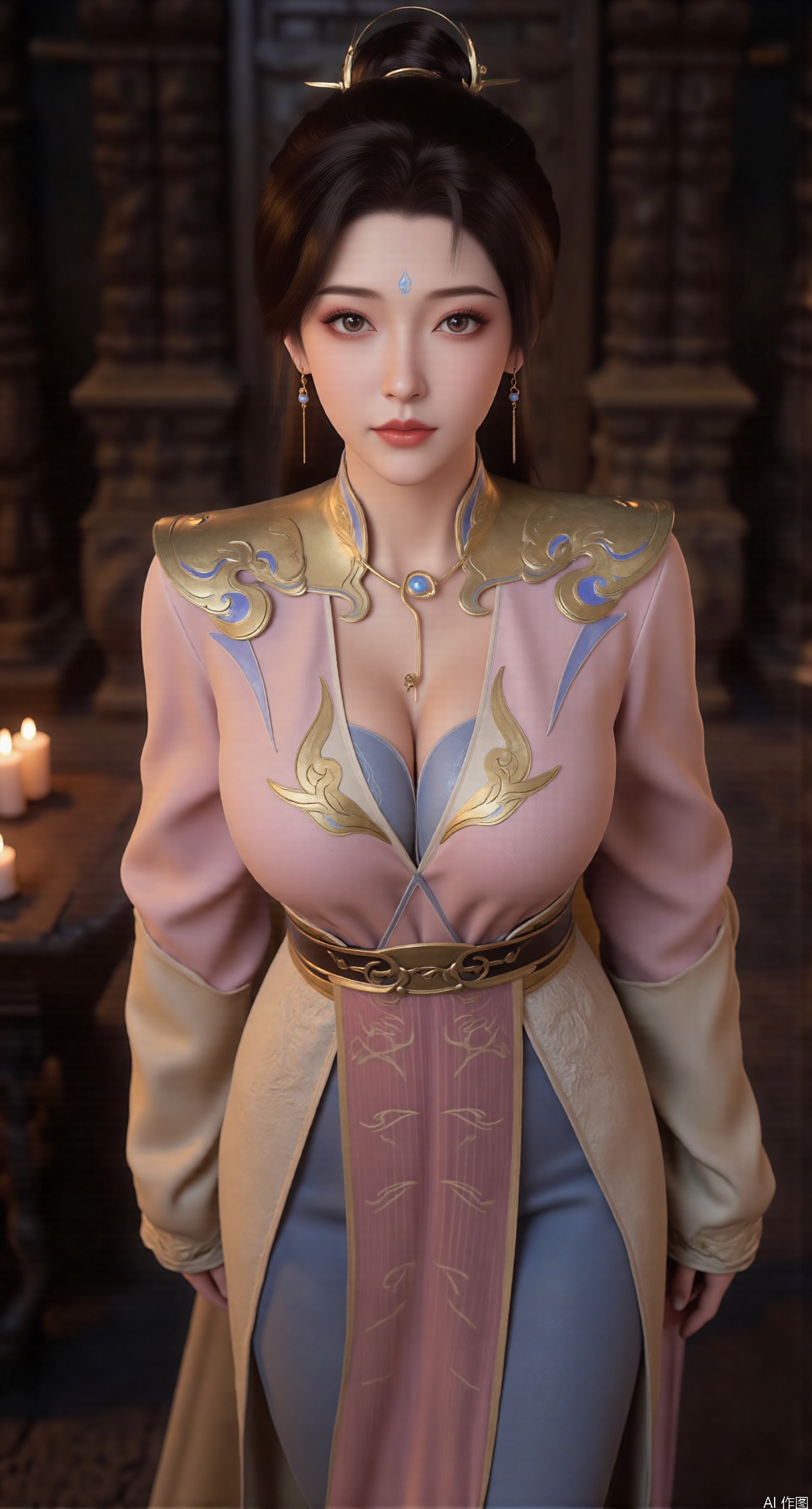 SFW,In the library full of historical deposits, a princess is staying up late to study ancient books,(pink|blue hanfu dress:1.23),This library is different from an ordinary library. It is more like a mysterious research room that integrates the mysteries of time and space. The walls are constructed of dark solid wood and are carved with exquisite patterns and traditional designs. (huge breasts:2.99),(full breasts:2.699),At this time, the only light source in the room is several flickering candlesticks. They emit a soft and mysterious light, illuminating the entire space.The princess is wearing a carefully designed Hanfu. The fabric is made of light and transparent gauze. Even in the dim candlelight, it reveals a hazy beauty. The neckline is relatively low, revealing her delicate collarbone. The wide cuffs show her slender arms as she moves. The belt tied around her waist closely follows her figure, outlining her full figure. The hem on one side is slit, making her slender legs faintly visible in the candlelight, adding a touch of alluring charm.Her hair is combed into a bun. The silver-white hair ornaments inserted on the bun sparkle in the candlelight and complement her pearl necklace, appearing simple yet elegant. In the background, a time-space door looms faintly. Its outline appears extremely mysterious in the candlelight, indicating that the princess is about to uncover the secrets of time and space. This door seems to connect different eras and dimensions, adding a surreal atmosphere to the entire library.Although the princess's clothing is revealing and appears particularly sexy, her facial lines still maintain a slender beauty. Her cheeks are soft without a trace of excess flesh, revealing a fresh and refined aura. Her eyes are large and expressive, deep and bright. Her eyebrows are slender and neat. Her nose is tall and straight. Her lips are tightly closed and coated with a light red lipstick. Her ears are small and delicate, and she is wearing simple stud earrings. Overall, her face is clean and refreshing. Every detail reveals a pure and noble temperament, making people unable to resist wanting to deeply understand her inner world and the knowledge and wisdom she represents.,Xsiyouyou,XliushenX,XqinglinY