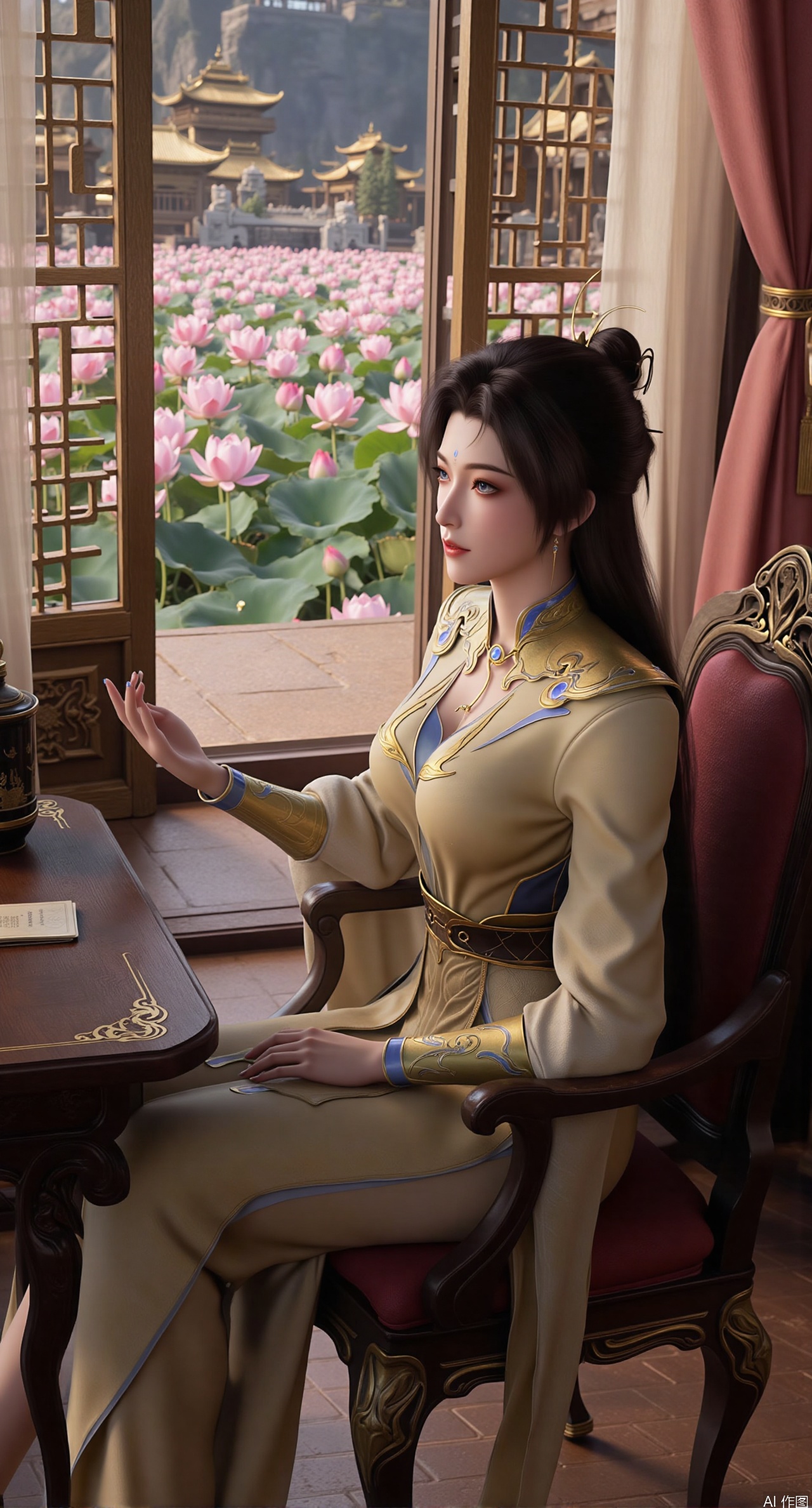 (masterpiece, best quality:1.2),1girl, solo, Ancient princess's boudoir with bright color palette, Hanfu-clad maiden sitting by latticed window desk in romantic daydreaming posture, view of classical Chinese garden through window showcasing lotus pond filled with blooming pink and white lotuses, delicate ink-wash painting style, interior featuring rosewood furniture with mother-of-pearl inlay, silk curtains fluttering in breeze, porcelain stationery set on desk, distant view of curved bridges and pavilions in garden, ultra HD rendering with crisp details on embroidered garments and translucent lotus petals,,(huge breasts:2.99),(full breasts:2.89), 