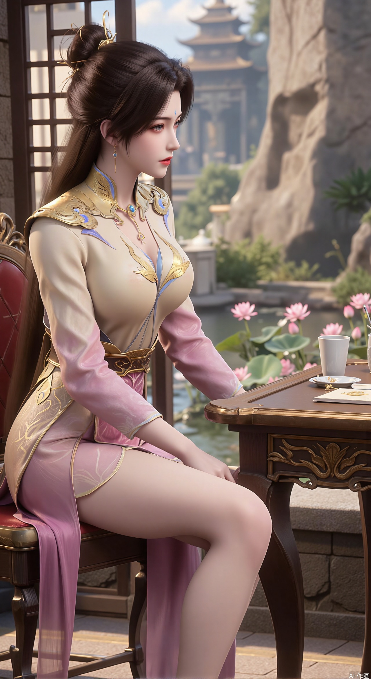 (masterpiece, best quality:1.2),1girl, solo, Ancient princess's boudoir with bright color palette, Hanfu-clad maiden sitting by latticed window desk in romantic daydreaming posture, view of classical Chinese garden through window showcasing lotus pond filled with blooming pink and white lotuses, delicate ink-wash painting style, interior featuring rosewood furniture with mother-of-pearl inlay, silk curtains fluttering in breeze, porcelain stationery set on desk, distant view of curved bridges and pavilions in garden, ultra HD rendering with crisp details on embroidered garments and translucent lotus petals,,(huge breasts:2.99),(full breasts:2.89), 