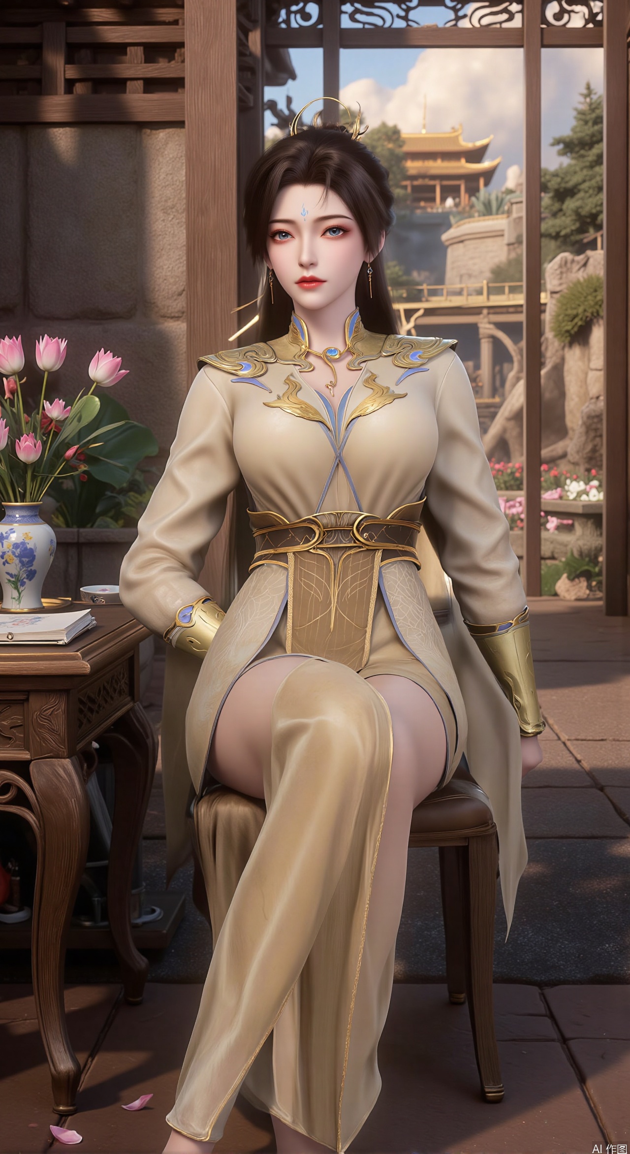 (masterpiece, best quality:1.2),1girl, solo, Ancient princess's boudoir with bright color palette, Hanfu-clad maiden sitting by latticed window desk in romantic daydreaming posture, view of classical Chinese garden through window showcasing lotus pond filled with blooming pink and white lotuses, delicate ink-wash painting style, interior featuring rosewood furniture with mother-of-pearl inlay, silk curtains fluttering in breeze, porcelain stationery set on desk, distant view of curved bridges and pavilions in garden, ultra HD rendering with crisp details on embroidered garments and translucent lotus petals,,(huge breasts:2.99),(full breasts:2.89), 