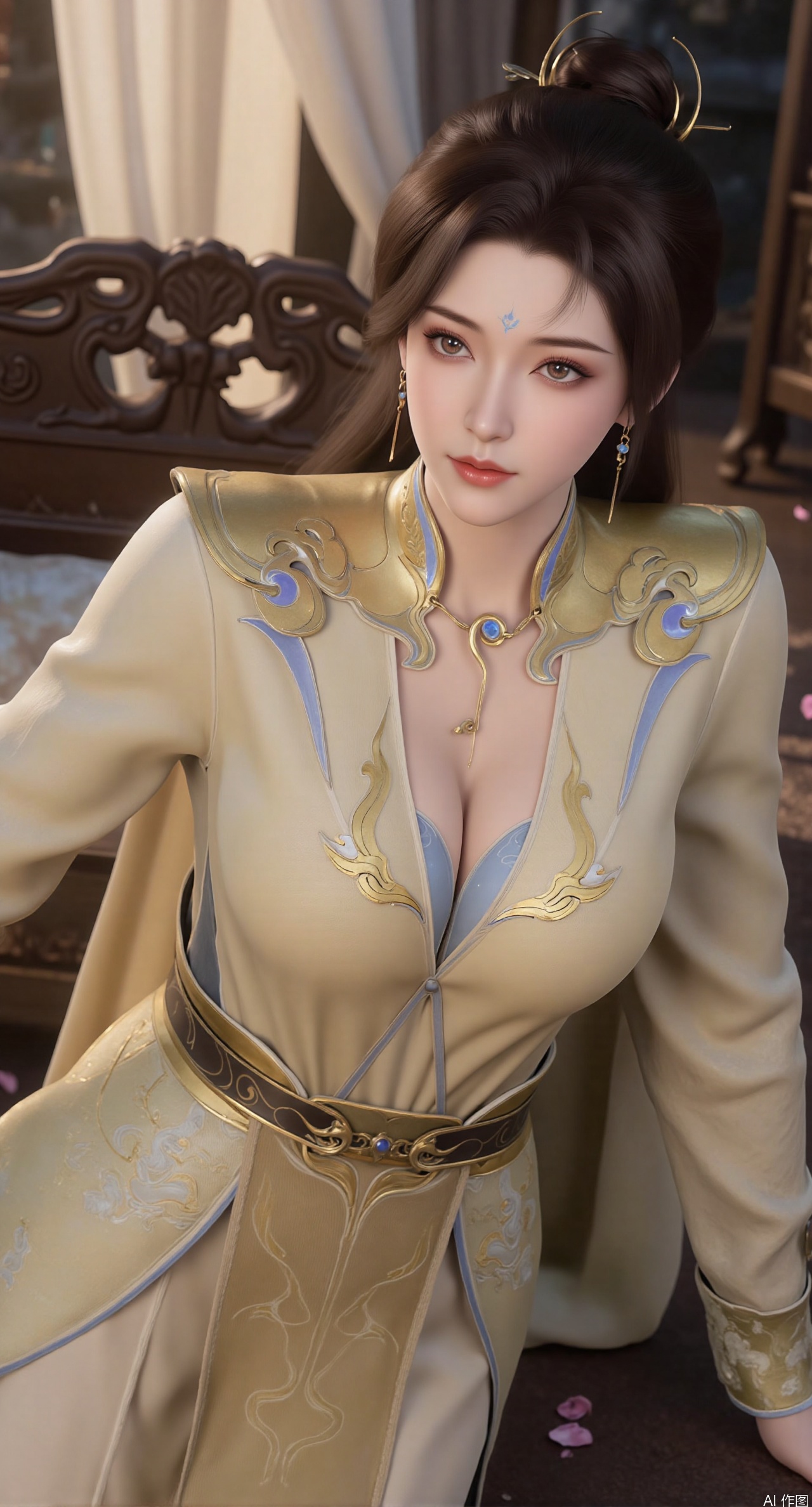 (masterpiece, best quality:1.2),Ancient Chinese boudoir scene, Hanfu-clad maiden lying sideways on an intricately carved wooden bed, soft natural light filtering through sheer silk curtains, satin bedding with delicate sheen, detailed traditional Chinese Gongbi painting style, subtle celadon color palette, background featuring vintage dressing table and embroidered screen, falling plum blossom petals near window and wispy smoke from bronze incense burner, 8K resolution with intricate fabric draping and wood grain textures,,(huge breasts:2.99),(full breasts:2.89), 