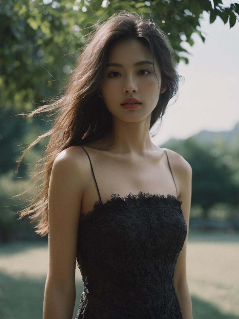 muchen,cngirl,imperfect skin face,haute couture dress,(imperfect skin body),outdoors,cinematic,(deep photo:1.1),(depth of field),Superia 400,shadows,messy hair,perfect face and body,dark,dark photo,grainy,PHOTO BY chenman,pores on the face are clearly visible,long hair,tall,