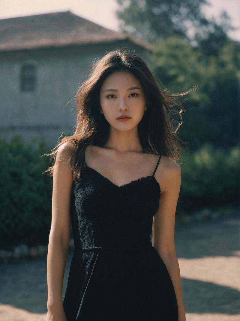 muchen,cngirl,imperfect skin face,haute couture dress,(imperfect skin body),outdoors,cinematic,(deep photo:1.1),(depth of field),Superia 400,shadows,messy hair,perfect face and body,dark,dark photo,grainy,PHOTO BY chenman,pores on the face are clearly visible,long hair,tall,