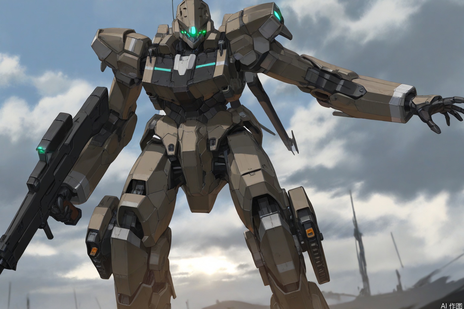 solo, holding, weapon, cloud, holding weapon, gun, no humans, glowing, robot, holding gun, mecha, science fiction, firingaerion,
//,
masterpiece,best quality,no humans,artist:yunimaru,artist:esuthio,(artist:wlop:0.5),jijia, 2d, anime,