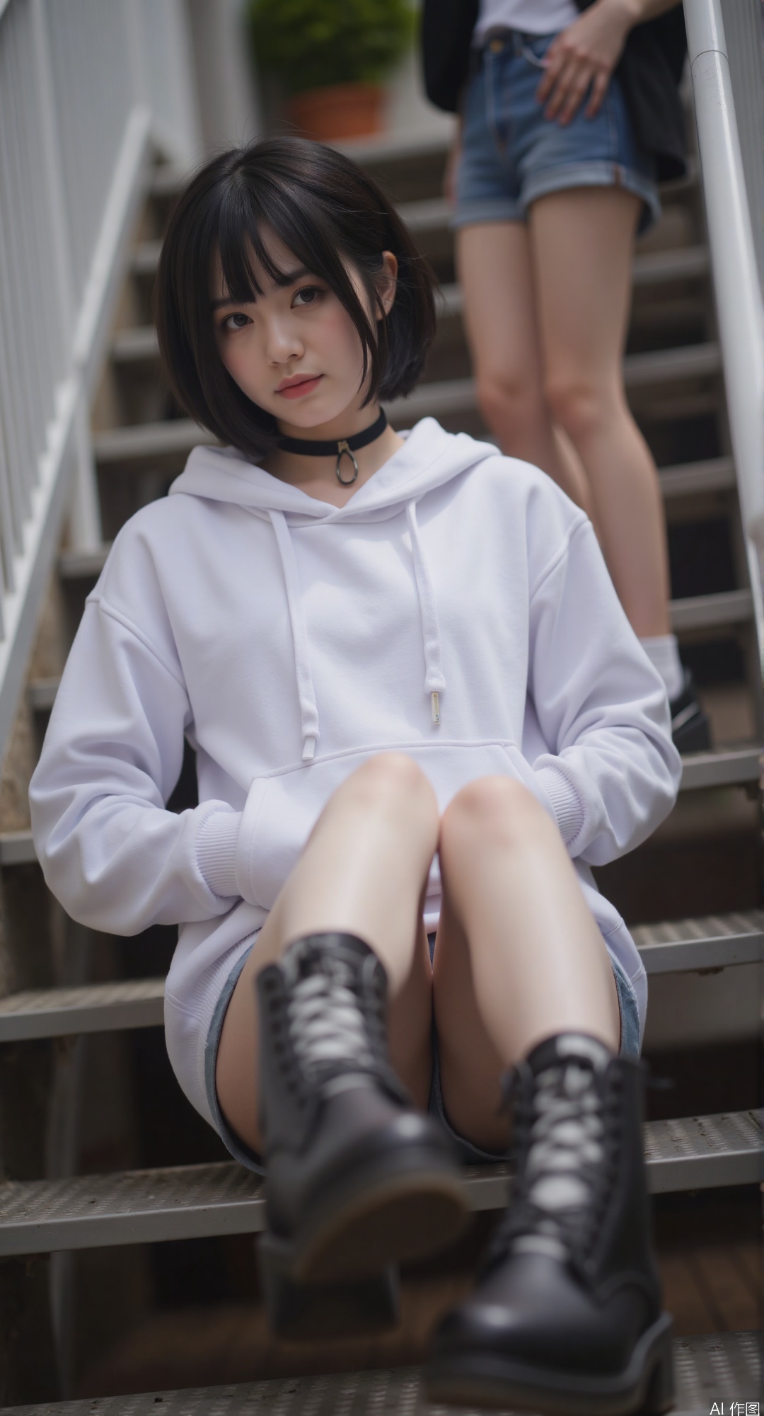 1girl, solo, looking at viewer, short hair, black hair, standing, full body, outdoors, shorts, choker, hood, black footwear, hoodie, black choker, hood down, cross-laced footwear, stairs, hands in pockets, white hoodie,legg up,sitting,foot focus,close up