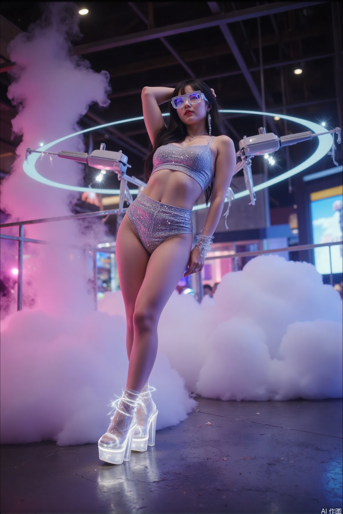 masterpiece, best quality, 8k, hyperrealistic, cinematic lighting
((neon celestial avatar:1.8)) ((20-year-old cybernetic nymph:1.7))
((silver-sequined holographic crop top:1.8)) with ((3D floating crane feathers:1.7))
((iridescent fishnet stockings:1.9)) layered over ((luminescent cloud skin:1.6))
((crystal crane anklets:2.0)) with ((flowing mist trails:1.7))
((futuristic cloudscape accessories:1.8)):
-- ((levitating energy core:1.7)) emitting mist
-- ((AR crane glasses:1.6)) projecting constellations
-- ((cyber scroll hologram:1.5)) displaying 《Cloudpunk》
((neon cloud cityscape:1.7)) featuring:
-- ((crane-shaped cloud drones:1.6)) in formation
-- ((prism sun halos:1.5)) casting rainbow refractions
-- ((moving neon grids:1.8)) on skin surface
ultra-wide angle lens (14mm)
0.4m extreme low angle仰拍((soft focus:1.6)) on ((falling LED feathers:1.5))
((electric bokeh:1.4)) effect in background
((neon backlighting:1.7)) through ((semi-transparent cloud vapor:1.5))
((leg-focused composition:2.0)) with ((dynamic pose:1.6))
 
negative prompt:1.8:
mechanical elements, dark color palettes, revealing outfits, harsh shadows, weaponry, cluttered backgrounds