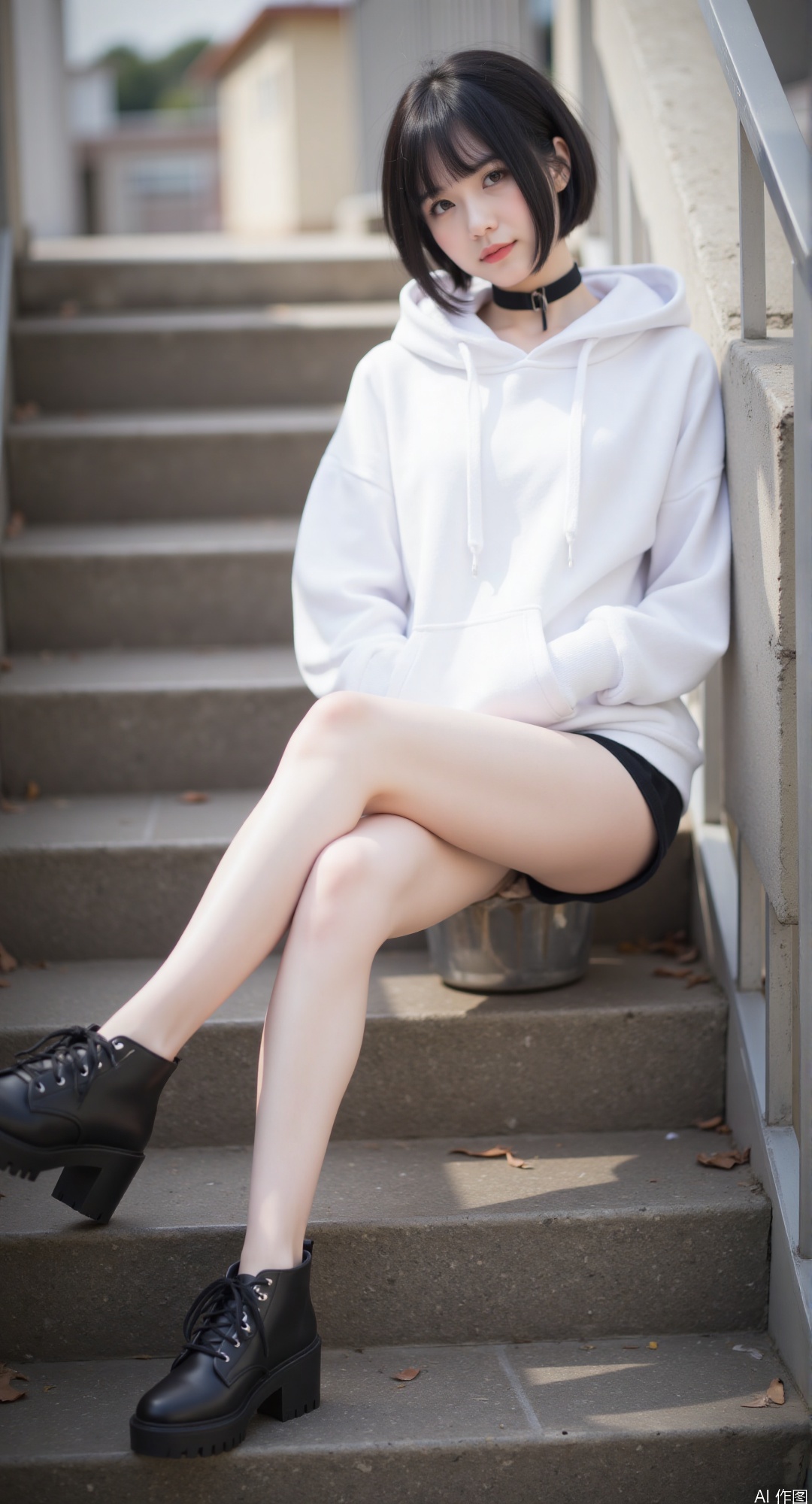 1girl, solo, looking at viewer, short hair, black hair, standing, full body, outdoors, shorts, choker, hood, black footwear, hoodie, black choker, hood down, cross-laced footwear, stairs, hands in pockets, white hoodie,legg up,sitting,foot focus