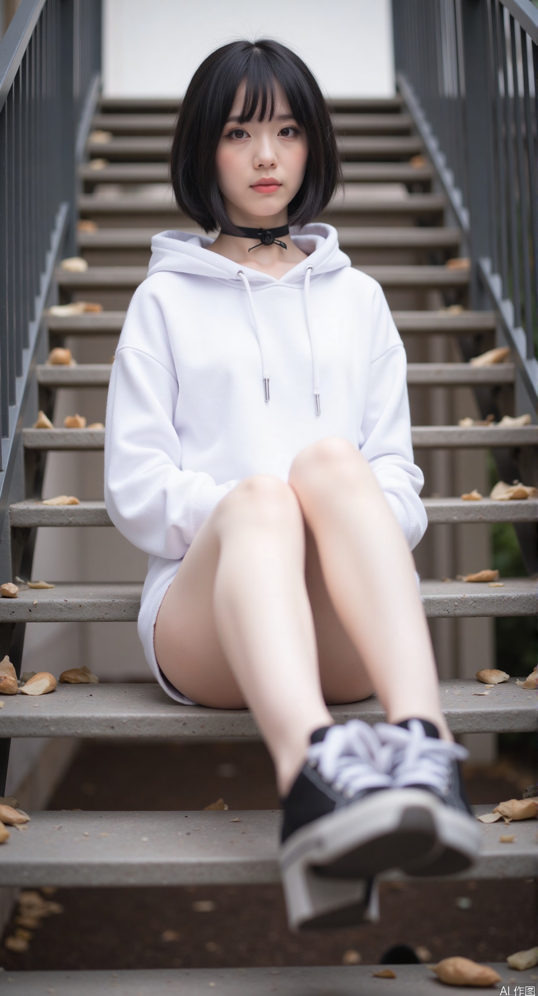 1girl, solo, looking at viewer, short hair, black hair, standing, full body, outdoors, shorts, choker, hood, black footwear, hoodie, black choker, hood down, cross-laced footwear, stairs, hands in pockets, white hoodie,legg up,sitting,foot focus,close up