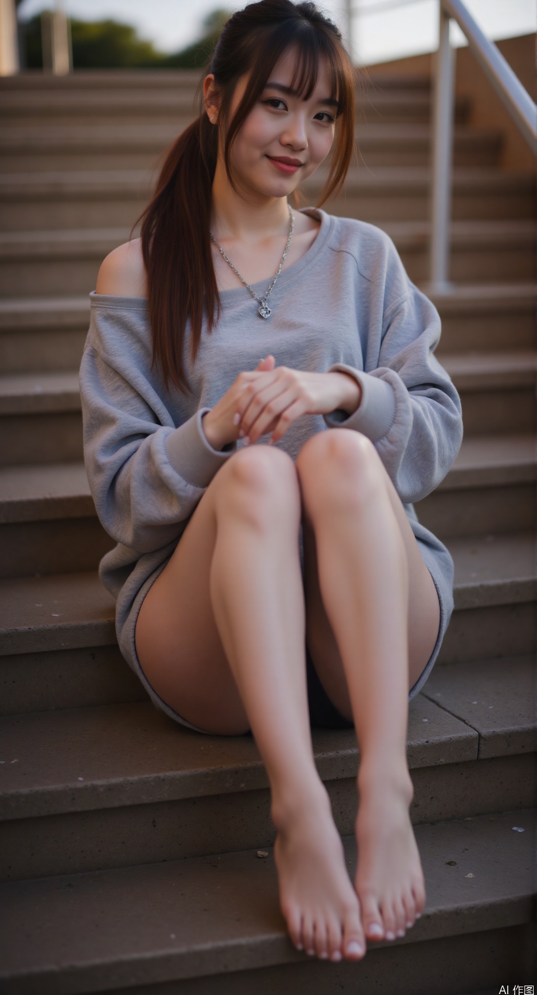 1girl, sitting on concrete steps, legs elegantly crossed, bare feet placed forward, toes gently curved, toned calf muscles, high-waisted denim shorts, oversized gray hoodie, silver chain necklace, messy chestnut bob, soft smile, golden hour backlight, 85mm lens bokeh, foot positioning center frame, smooth skin gradient, subtle muscle definition, shadow play on legs, 3:1 lighting ratio, warm orange/cool blue color balance