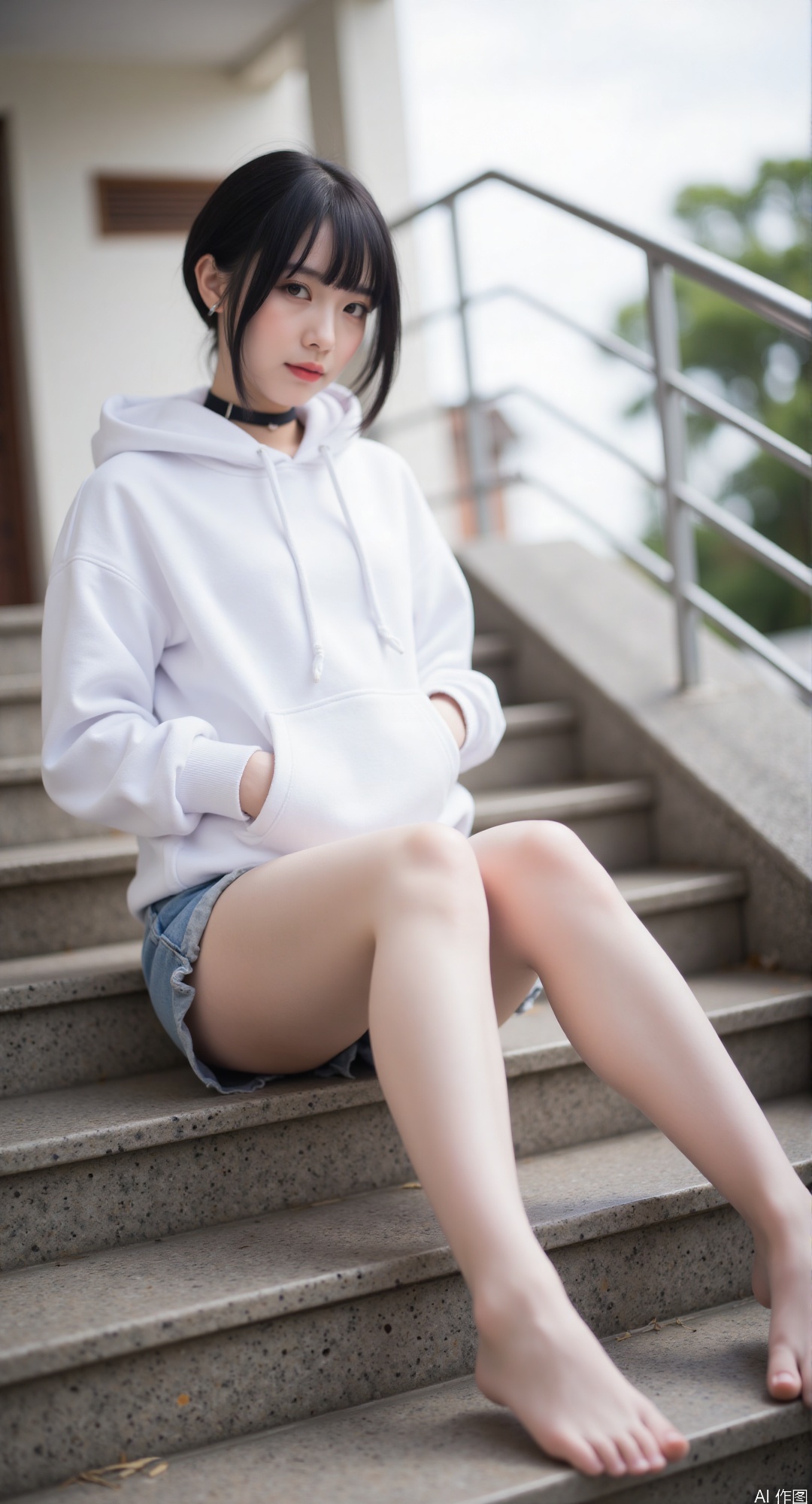1girl, solo, looking at viewer, short hair, black hair, standing, full body, outdoors, shorts, choker, hood,hoodie, black choker, hood down, no footwear, stairs, hands in pockets, white hoodie,legg up,sitting,foot focus,close up，toe