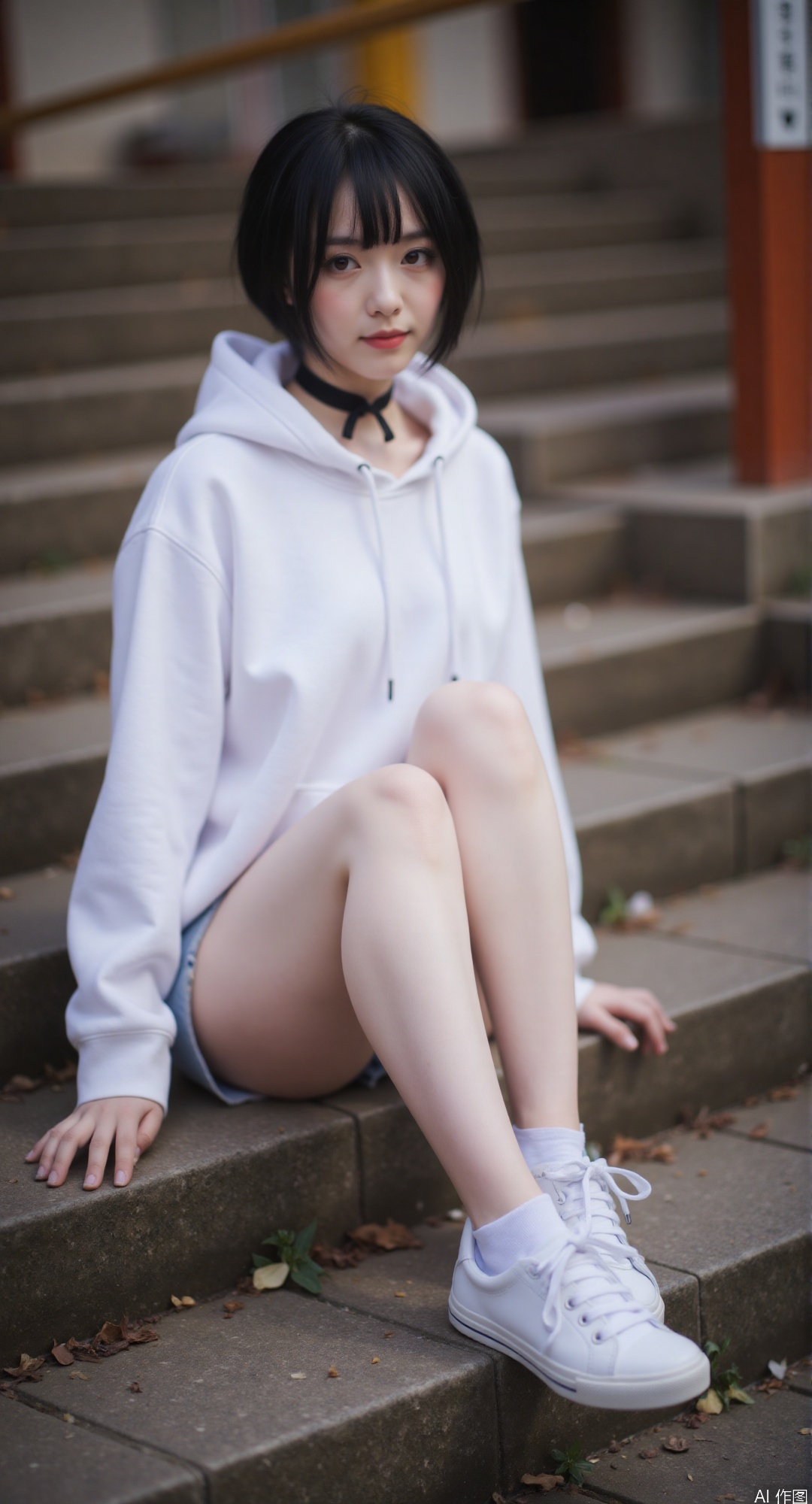 1girl, solo, looking at viewer, short hair, black hair, standing, full body, outdoors, shorts, choker, hood,  hoodie, black choker, hood down, cross-laced footwear, stairs,  white hoodie,legg up,sitting,foot focus
