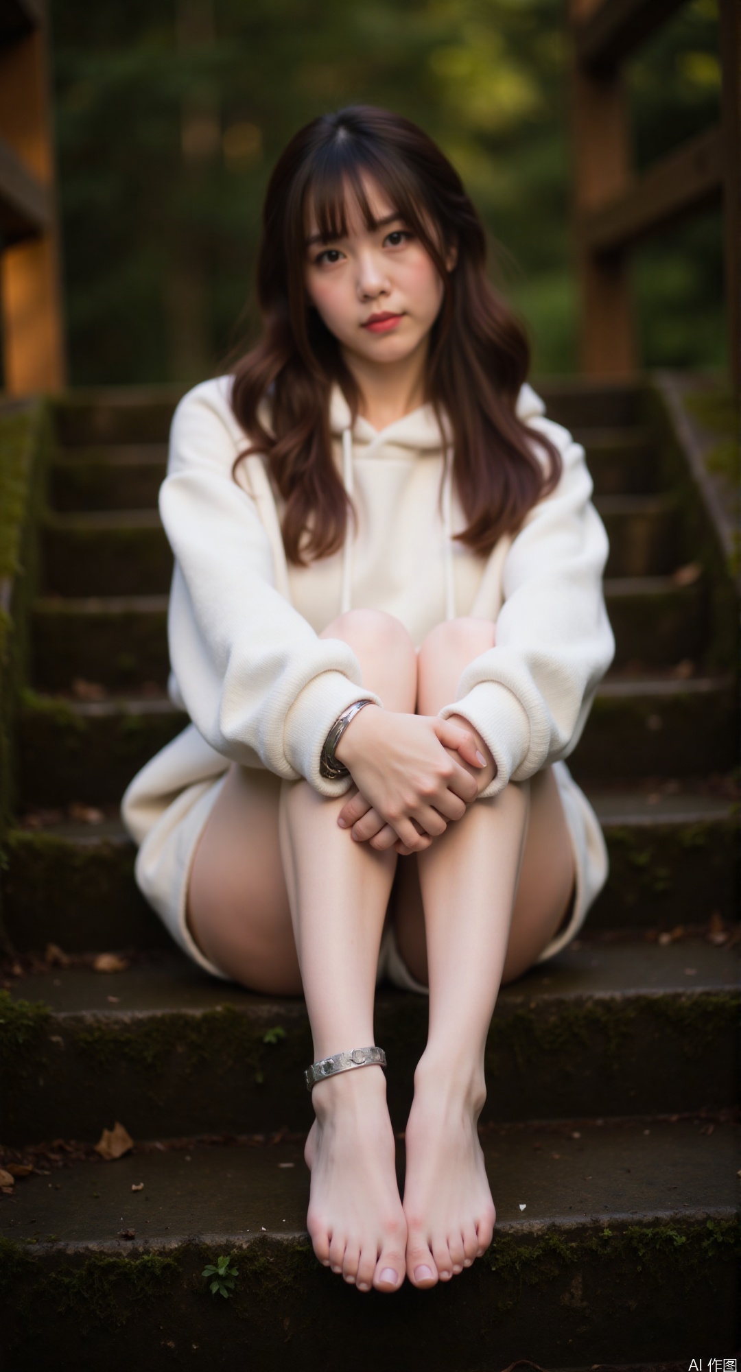 1girl, sitting on mossy stone steps, legs crossed with calves pressed together, feet aligned symmetrically, toes softly arched, toned legs, oversized ivory hoodie, oxidized silver anklet, chocolate brown waves framing jawline, eyes half-lidded, golden hour backlight, 85mm lens bokeh, foot focus 1.1x, subtle foot creases, smooth skin with amber undertones, shadow gradient on legs, color palette ivory/sage/gold, background blurred forest green