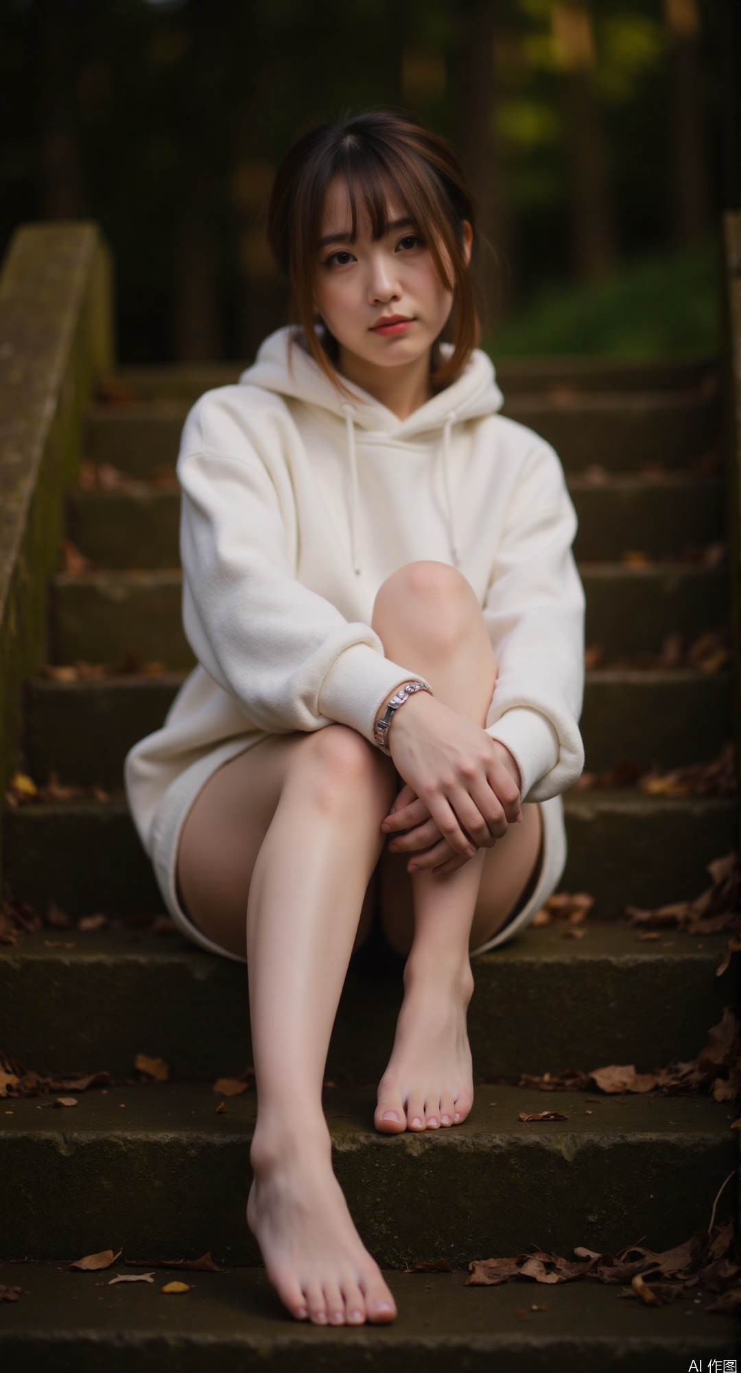 1girl, sitting on mossy stone steps, legs crossed with calves pressed together, feet aligned symmetrically, toes softly arched, toned legs, oversized ivory hoodie, oxidized silver anklet, chocolate brown waves framing jawline, eyes half-lidded, golden hour backlight, 85mm lens bokeh, foot focus 1.1x, subtle foot creases, smooth skin with amber undertones, shadow gradient on legs, color palette ivory/sage/gold, background blurred forest green