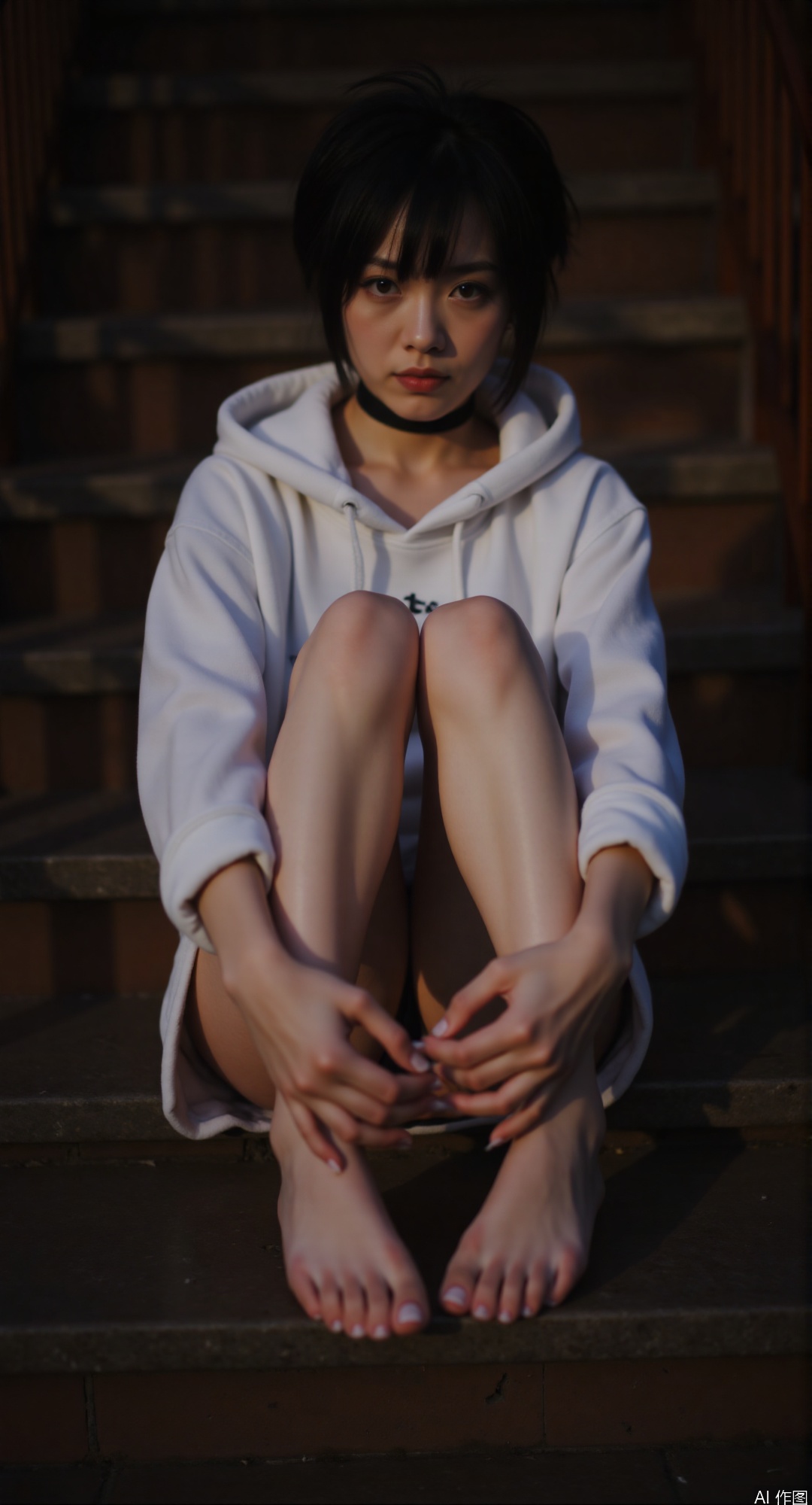 1girl, sitting on stairs, legs stretched out, bare feet, toes slightly spread, well-defined calves, white hoodie rolled sleeves, black choker, messy short hair, intense stare, sharp shadows shaping legs, 85mm lens blur, close-up on feet, smooth skin texture, visible muscle tone, cinematic lighting 3:1, cyan/orange color scheme