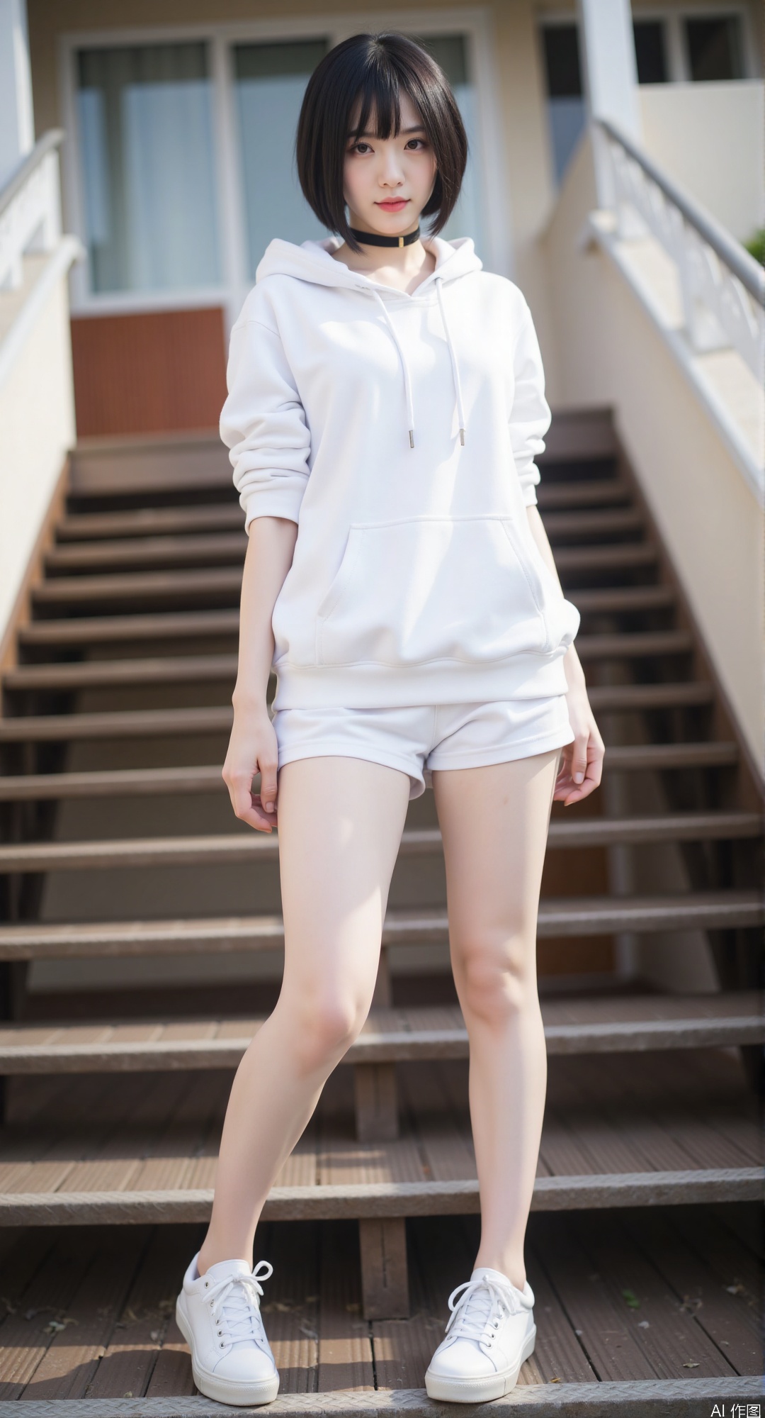 1girl, solo, looking at viewer, short hair, black hair, standing, full body, outdoors, shorts, choker, hood,  hoodie, black choker, hood down, cross-laced footwear, stairs,  white hoodie,legg up,sitting,foot focus