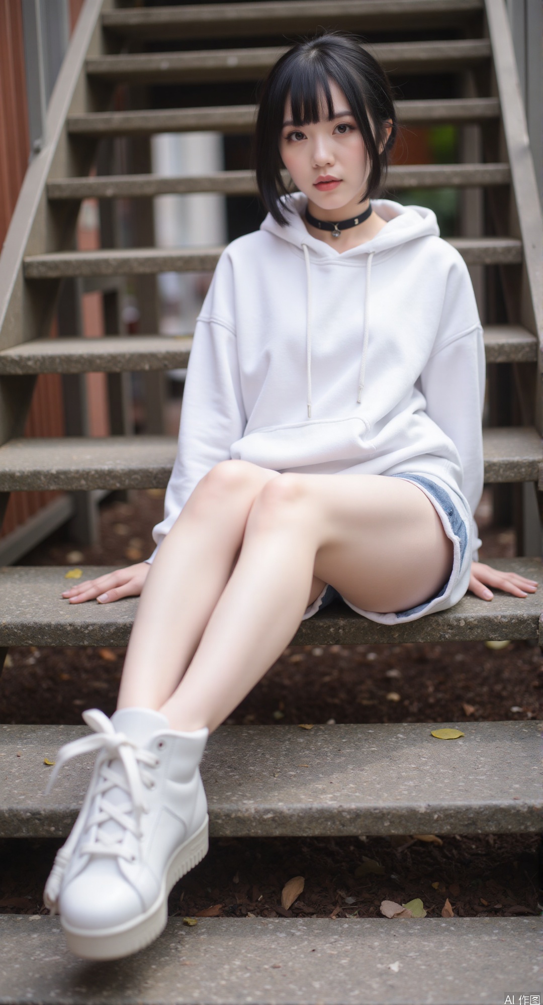 1girl, solo, looking at viewer, short hair, black hair, standing, full body, outdoors, shorts, choker, hood,  hoodie, black choker, hood down, cross-laced footwear, stairs,  white hoodie,legg up,sitting,foot focus