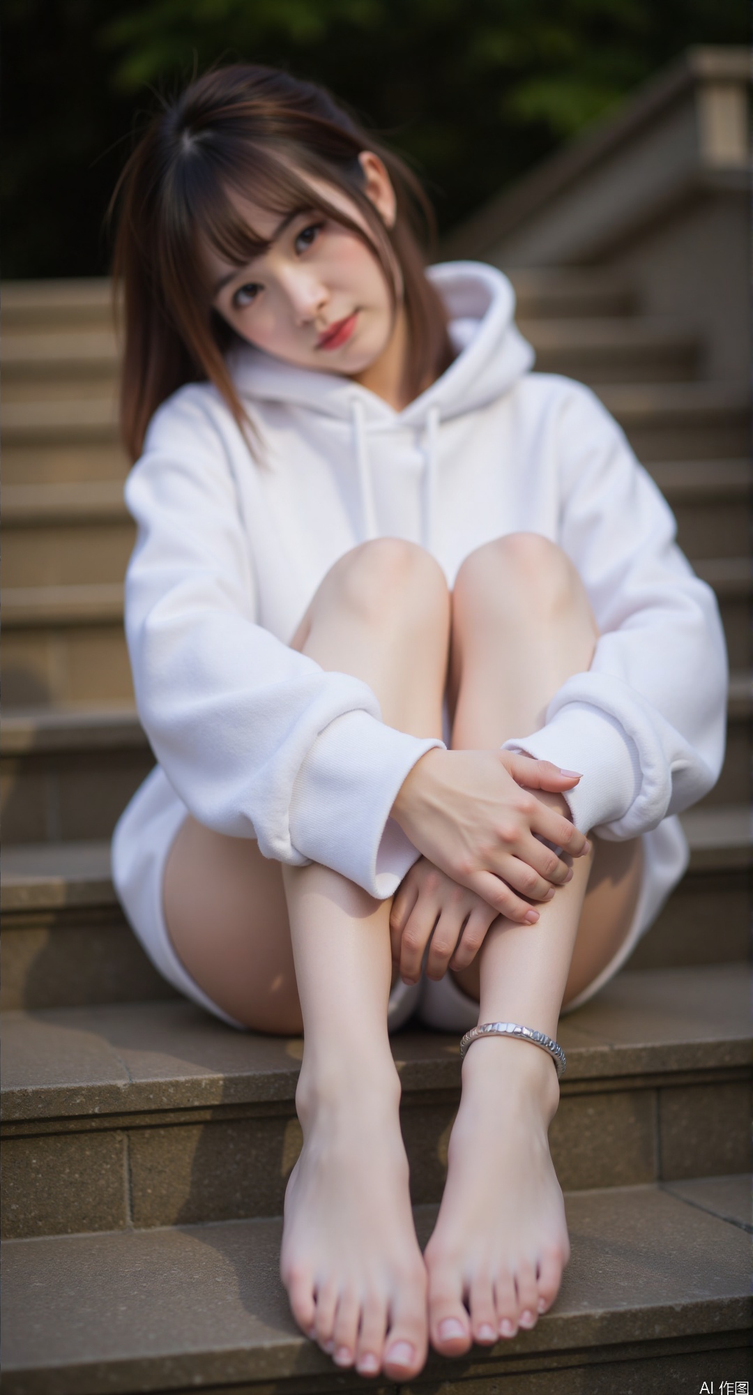 1girl, sitting on stone steps, legs crossed, feet placed forward, toes gently curved, toned calves, white oversized hoodie, silver anklet, messy brunette hair covering forehead, downcast eyes, soft natural lighting, 85mm lens bokeh, foot positioning central frame, subtle foot details, smooth skin texture, minimal shadow definition, neutral color palette, background greenery blurred，The delicate soles of the feet
