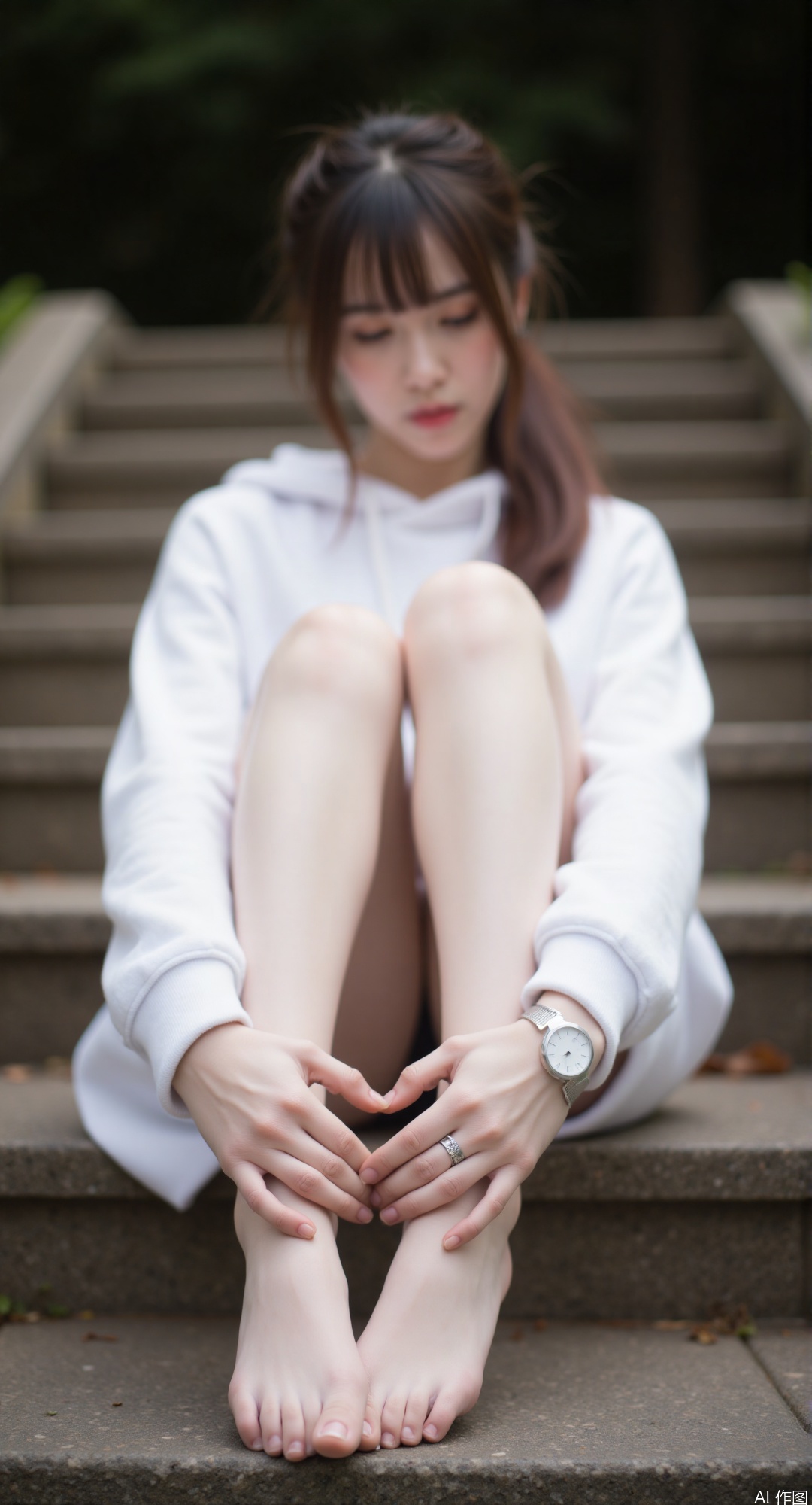 1girl, sitting on stone steps, legs crossed, feet placed forward, toes gently curved, toned calves, white oversized hoodie, silver anklet, messy brunette hair covering forehead, downcast eyes, soft natural lighting, 85mm lens bokeh, foot positioning central frame, subtle foot details, smooth skin texture, minimal shadow definition, neutral color palette, background greenery blurred，The delicate soles of the feet