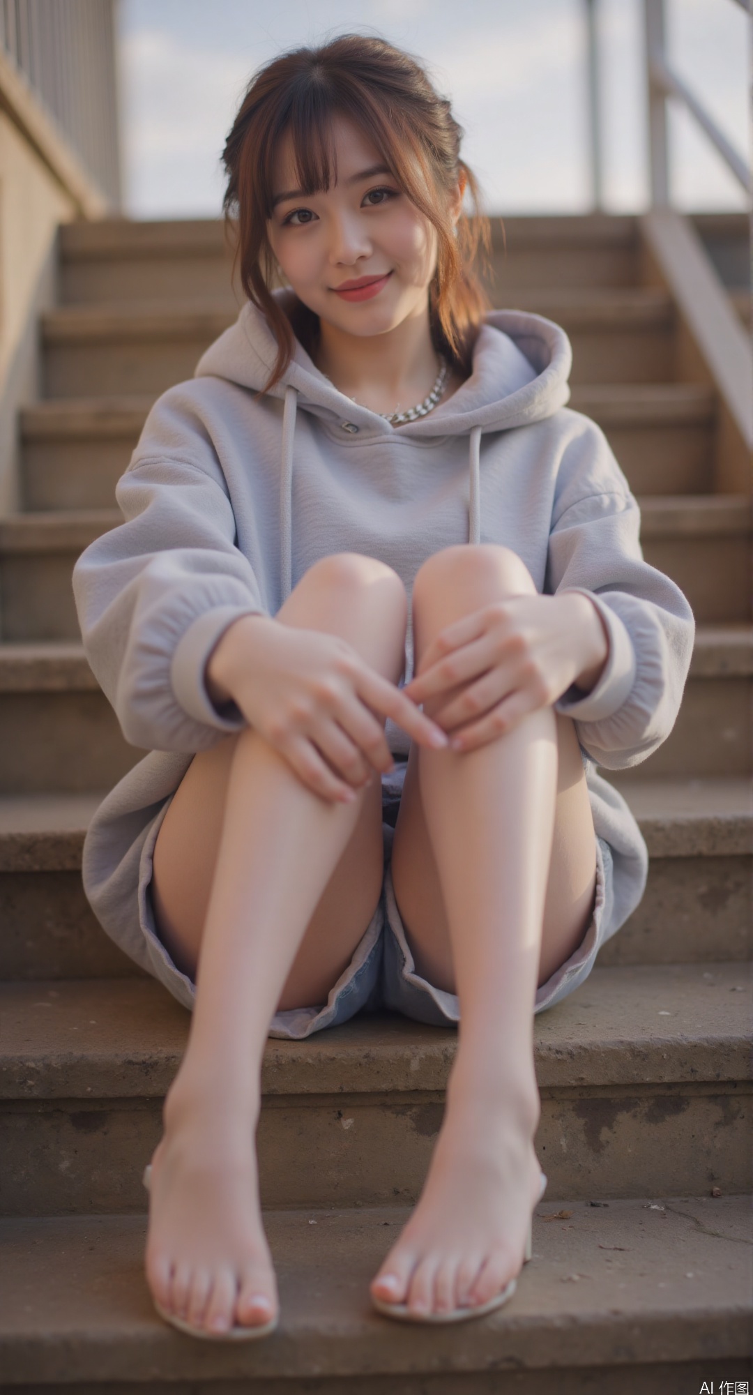 1girl, sitting on concrete steps, legs elegantly crossed, bare feet placed forward, toes gently curved, toned calf muscles, high-waisted denim shorts, oversized gray hoodie, silver chain necklace, messy chestnut bob, soft smile, golden hour backlight, 85mm lens bokeh, foot positioning center frame, smooth skin gradient, subtle muscle definition, shadow play on legs, 3:1 lighting ratio, warm orange/cool blue color balance