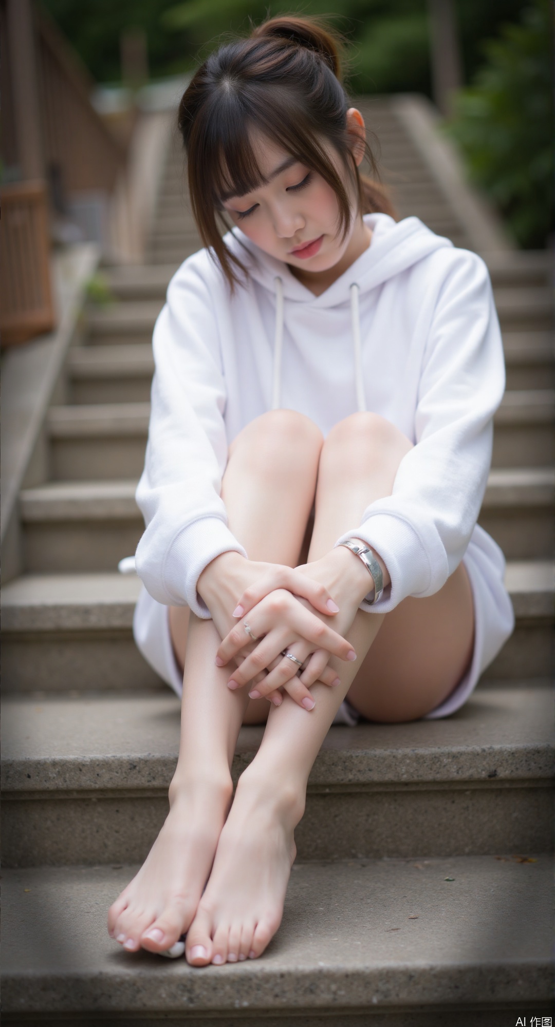 1girl, sitting on stone steps, legs crossed, feet placed forward, toes gently curved, toned calves, white oversized hoodie, silver anklet, messy brunette hair covering forehead, downcast eyes, soft natural lighting, 85mm lens bokeh, foot positioning central frame, subtle foot details, smooth skin texture, minimal shadow definition, neutral color palette, background greenery blurred