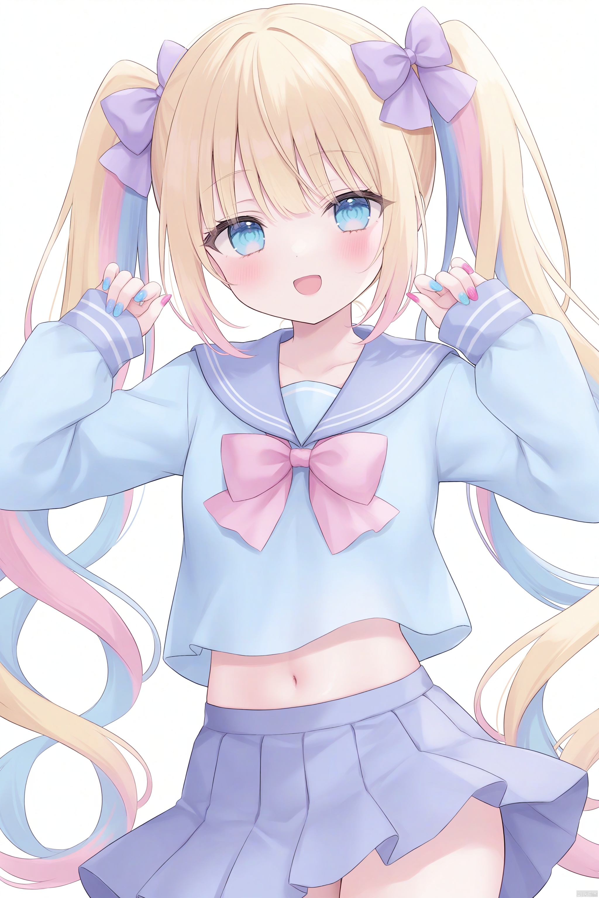1girl,quad tails,bow,solo,skirt,hair bow,blue eyes,school uniform,blue hair,pink hair,smile,open mouth,multicolored nails,multicolored hair,blonde hair,navel,pleated skirt,heart,looking at viewer,serafuku,long sleeves,long hair,bangs,sailor collar,shirt,very long hair,yellow bow,nail polish,pink bow,blue nails,blue bow,midriff,purple bow,white background,:d,cowboy shot,multiple hair bows,simple background,pink nails,hands up,twintails,blue shirt,large bow,best quality,amazing quality,very aesthetic,absurdres