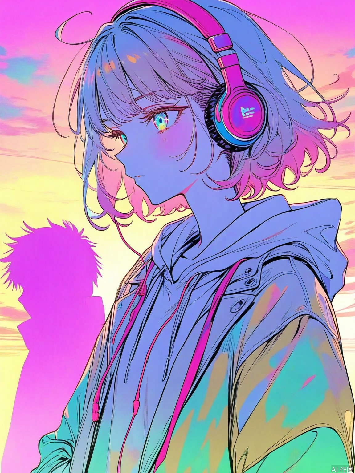 1girl, solo, headphones, hoodie, silhouette, colorful theme, low saturation,fashion,Trendy