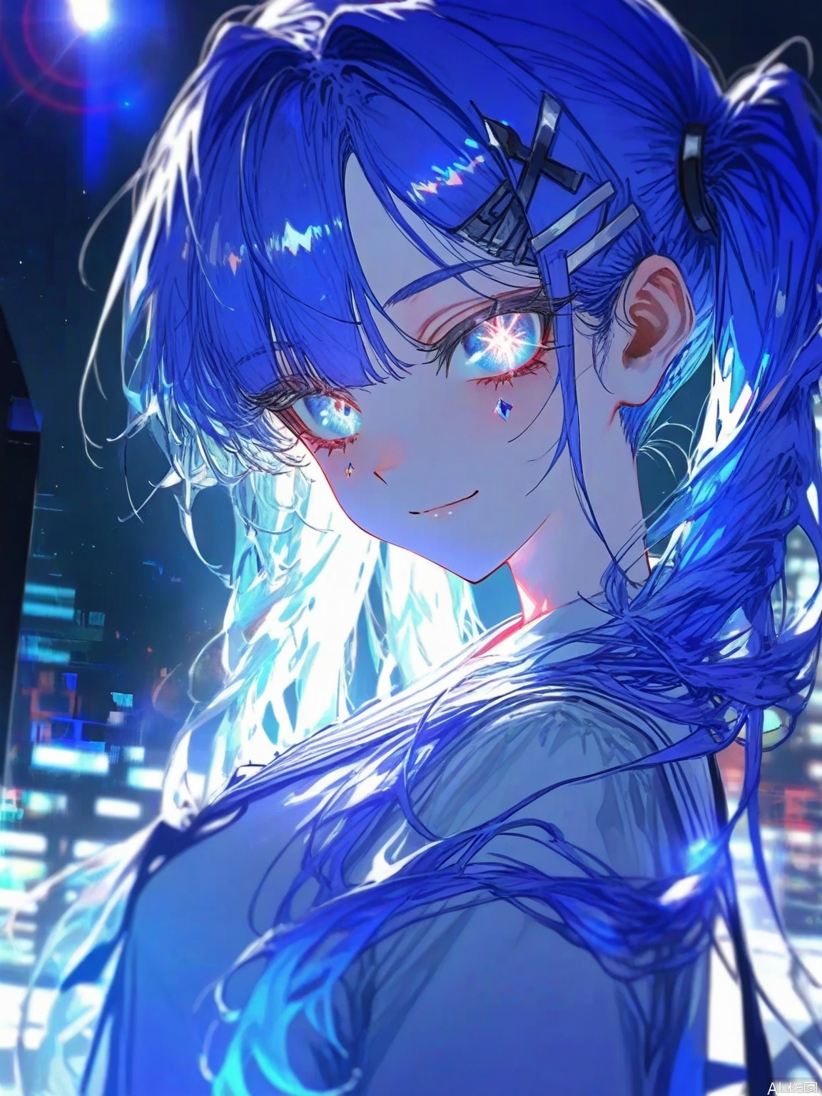 1girl, solo, long hair, looking at viewer, smile, bangs, blue eyes, hair ornament, twintails, blue hair, upper body, hairclip, indoors, glitch ,backlighting,blue and white theme,depth of field,cinematic lighting,light particles,lens flare, (artist:quasarcake:0.8),extreme aesthetic,(wlop:0.6),masterpiece,best quality,good quality,newest,year 2024,year 2023,very aesthetic,absurdres,Visual impact,A shot with tension, ultra-high resolution,32K UHD,sharp focus,best-quality,masterpiece,Emotionalization,unconventional supreme masterpiece,masterful details,temperate atmosphere,with a high-end texture,in the style of fashion photography, (Visual impact:1.2),giving the poster a dynamic and visually striking appearance,impactful picture,offcial art,colorful,splash of color,movie perspective, masterpiece,best quality,amazing quality,very aesthetic,absurdres,best quality,newest