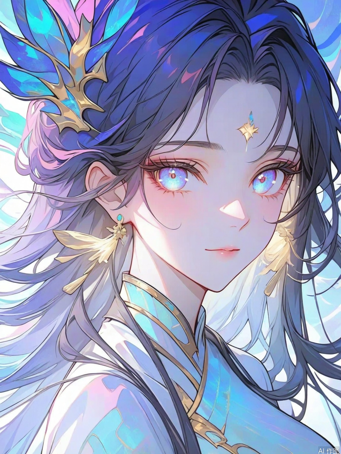 Dreamlike female portrait with flowing hair, soft gaze, and serene expression. Ethereal atmosphere with a seamless blend of realism and abstraction. Abstract expressionism overlay with intricate brush strokes and vibrant hues of blue, pink, and gold.