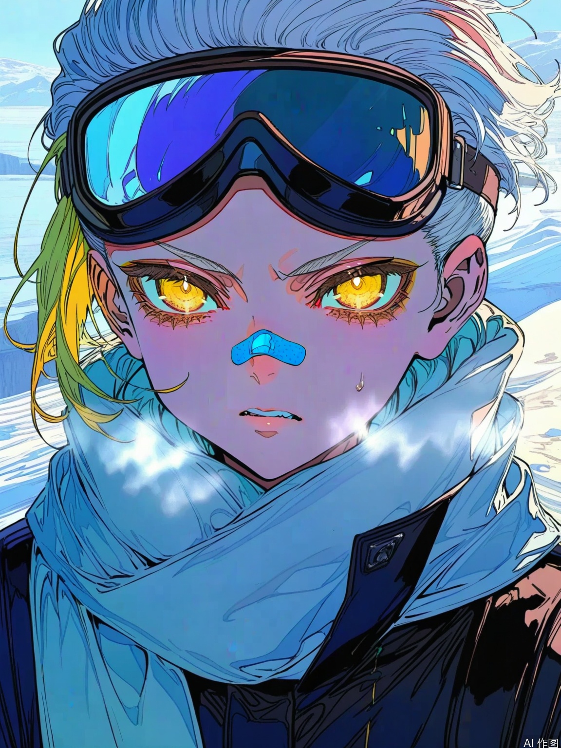 cogecha,(mika pikazo:0.4),[:(onono imoko:0.7),:12](rhasta:0.4),[quasarcake,::12][(jima:0.8),::12] ultra close-up of the maiden glaring defiantly, her platinum white undercut hair with glowing yellow highlights framing her face. Industrial-grade ski goggles are pushed up, revealing her vertical-pupil eyes. Her heated breath is melting the snow on her scarf. One of her tiger teeth, chipped with a gold filling, is visible. A neon orange防寒面罩(cold-weather mask) is pulled down to her chin. A cross-shaped bandaid is across her nose bridge, and holographic snow data is reflected on her goggles. Steam vents on her jacket collar emit heat waves.