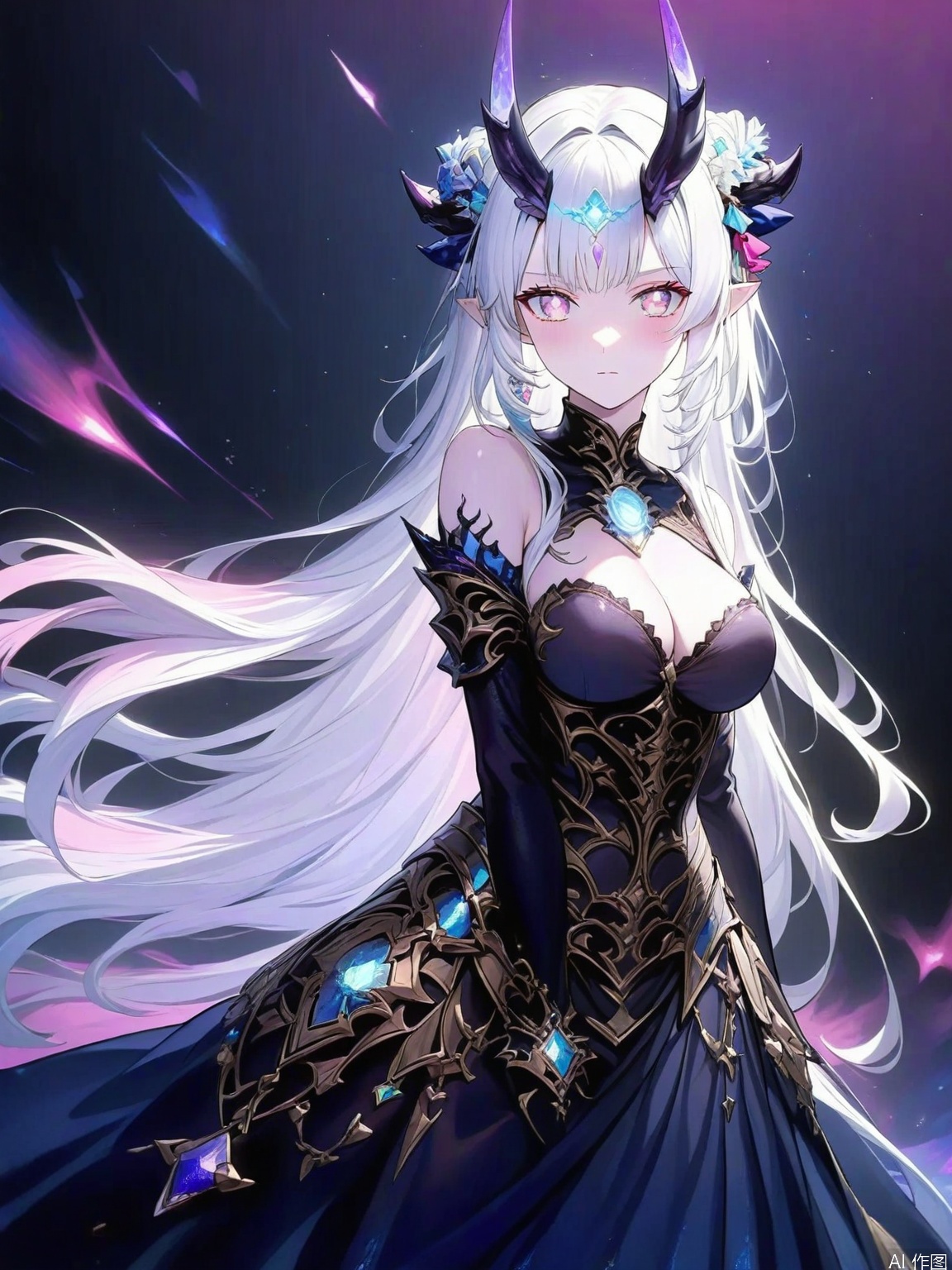 The image depicts a fantasy-themed character with long flowing white hair adorned with blue and pink gem-like decorations. The character has large curved horns protruding from their head and their eyes are glowing with a pinkish hue. They are wearing an elaborate dark-colored outfit with intricate designs and gem-like embellishments. The outfit includes a corset-style top and a long flowing skirt. The background is dark with subtle pink and purple accents scattered throughout giving a magical or ethereal atmosphere.