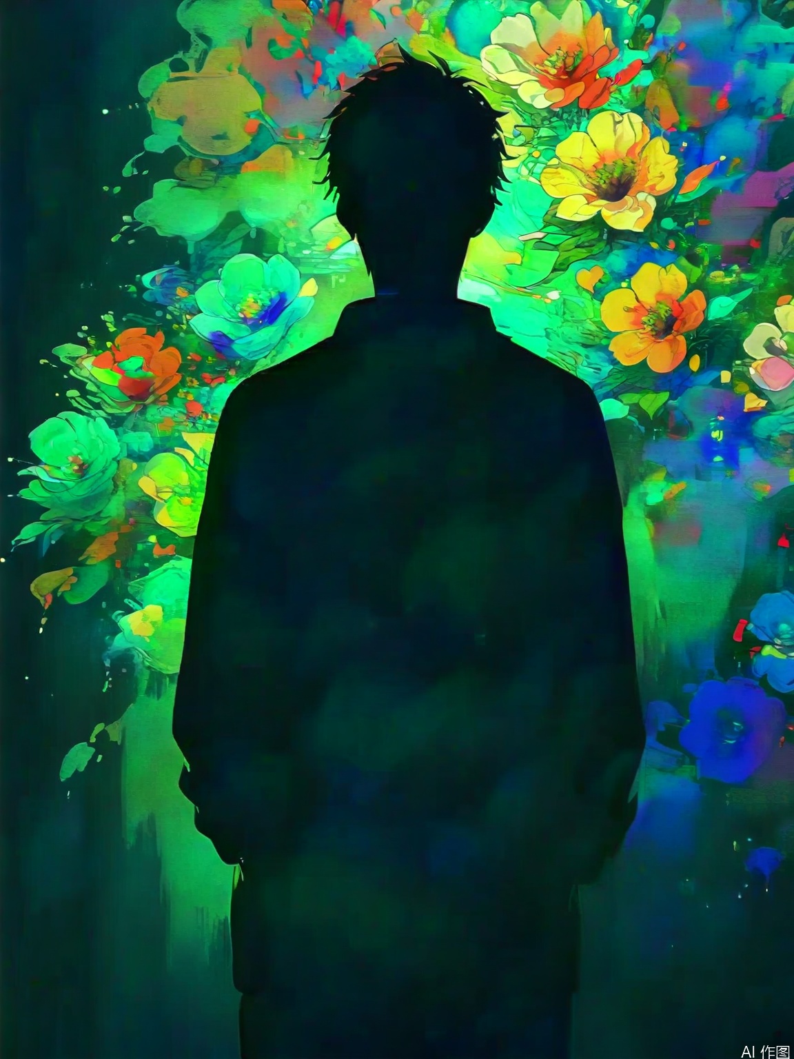 a silhouette of a person stands in front of a vibrant floral painting. The silhouette of the person is facing the viewer their back to the viewer. The painting is composed of a variety of colors including pink purple yellow green and blue creating a striking contrast against the dark background. The person's shadow is cast on the left side of the frame adding depth to the composition.