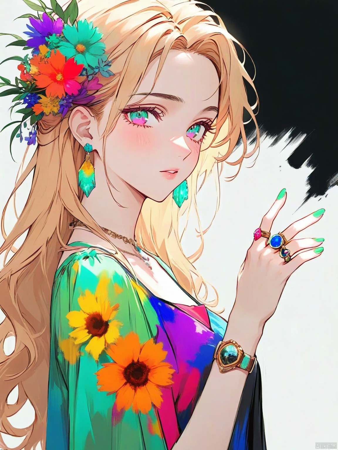 a digital painting of a girl with long blonde hair wearing a colorful dress adorned with a ring on her left hand. The girl's dress is adorned in a variety of vibrant colors including pink blue yellow green orange and purple. Her hair is adorned with colorful flowers adding a pop of color to the scene. The background is a deep black creating a stark contrast to the girl's outfit.