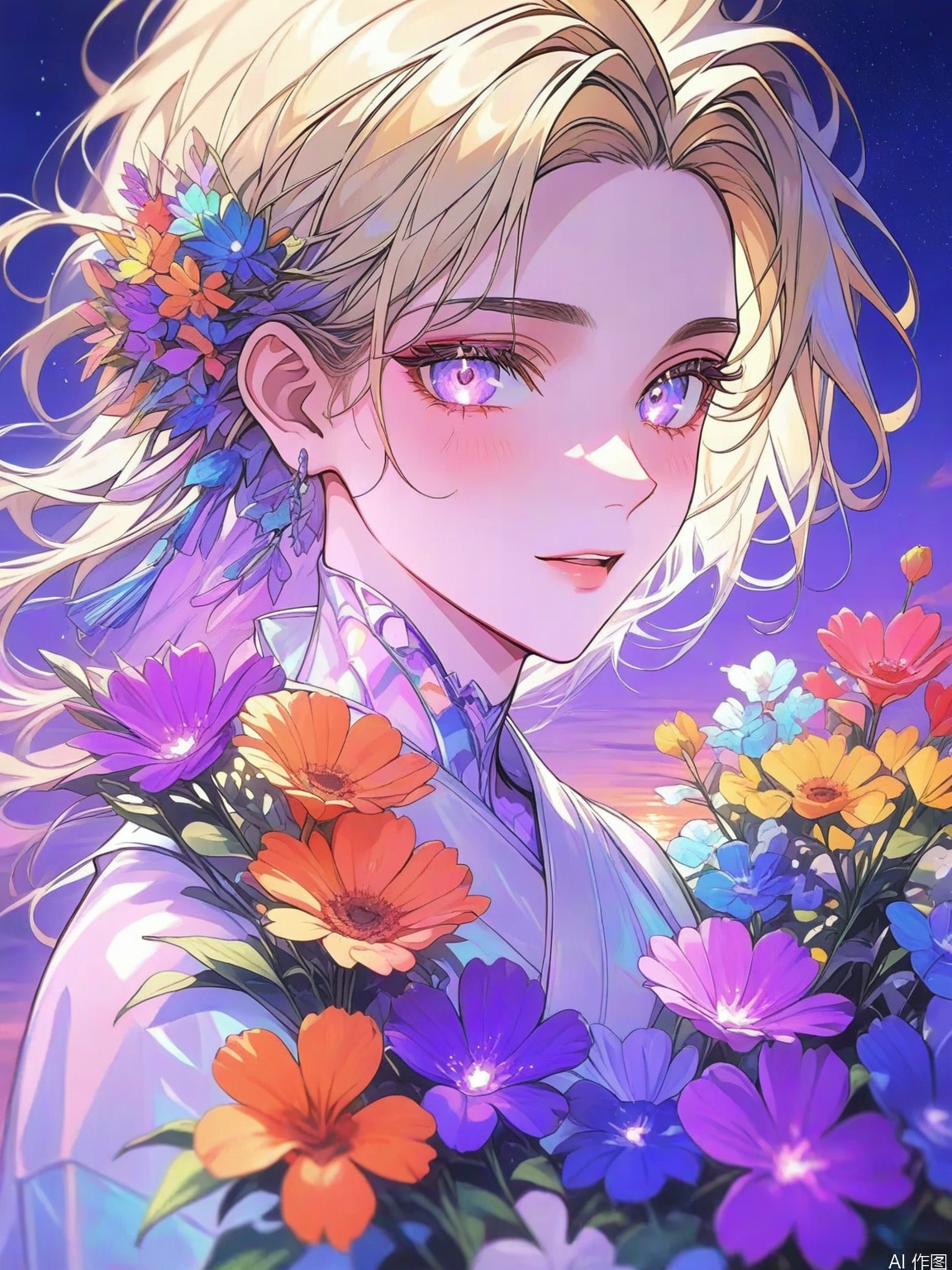 It's a vibrant digital painting depicting a humanoid figure whose flowing, translucent, blond hair blends into a sea of colorful flowers. The background was a deep, starry night sky, with flowers in shades of purple, pink and orange,