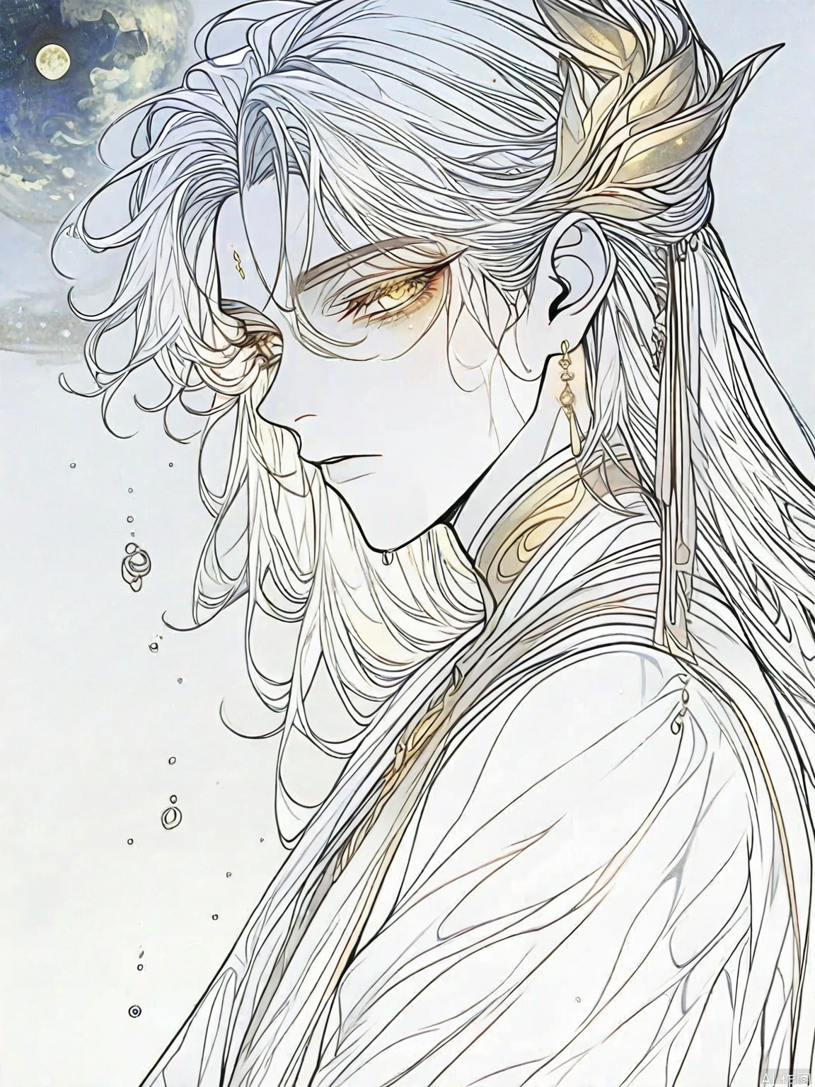 Gold foil rock color, hand-painted style illustration, romantic ancient style, dot color ink painting, light ink color, wet ink stain, ink painting, large area of ​​smudge, freehand painting, far-reaching Zen, ethereal silence, minimalist illustration, minimalism, white Beautiful hair, long hair, draped over her head, lonely ancient style back, standing in front of the full moon, extremely ornamental, translucent layer, grainy, layered, artistic illustration, hazy feeling, fainting brush and ink touch, delicate gold foil powder Rock color, rock color texture texture, large area of ​​white space, elegant and soft, fluid art, gold foil + cinnabar red rock color texture background