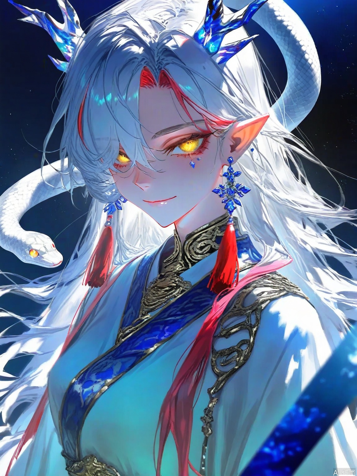 1girl, solo, long hair, looking at viewer, smile, jewelry, closed mouth, yellow eyes, upper body, white hair, red hair, multicolored hair, earrings, horns, pointy ears, hair over one eye, tassel, snake, chinese text ,backlighting,blue and white theme,depth of field,cinematic lighting,light particles,lens flare, (artist:quasarcake:0.8),extreme aesthetic,(wlop:0.6),masterpiece,best quality,good quality,newest,year 2024,year 2023,very aesthetic,absurdres,Visual impact,A shot with tension, ultra-high resolution,32K UHD,sharp focus,best-quality,masterpiece,Emotionalization,unconventional supreme masterpiece,masterful details,temperate atmosphere,with a high-end texture,in the style of fashion photography, (Visual impact:1.2),giving the poster a dynamic and visually striking appearance,impactful picture,offcial art,colorful,splash of color,movie perspective, masterpiece,best quality,amazing quality,very aesthetic,absurdres,best quality,newest,
