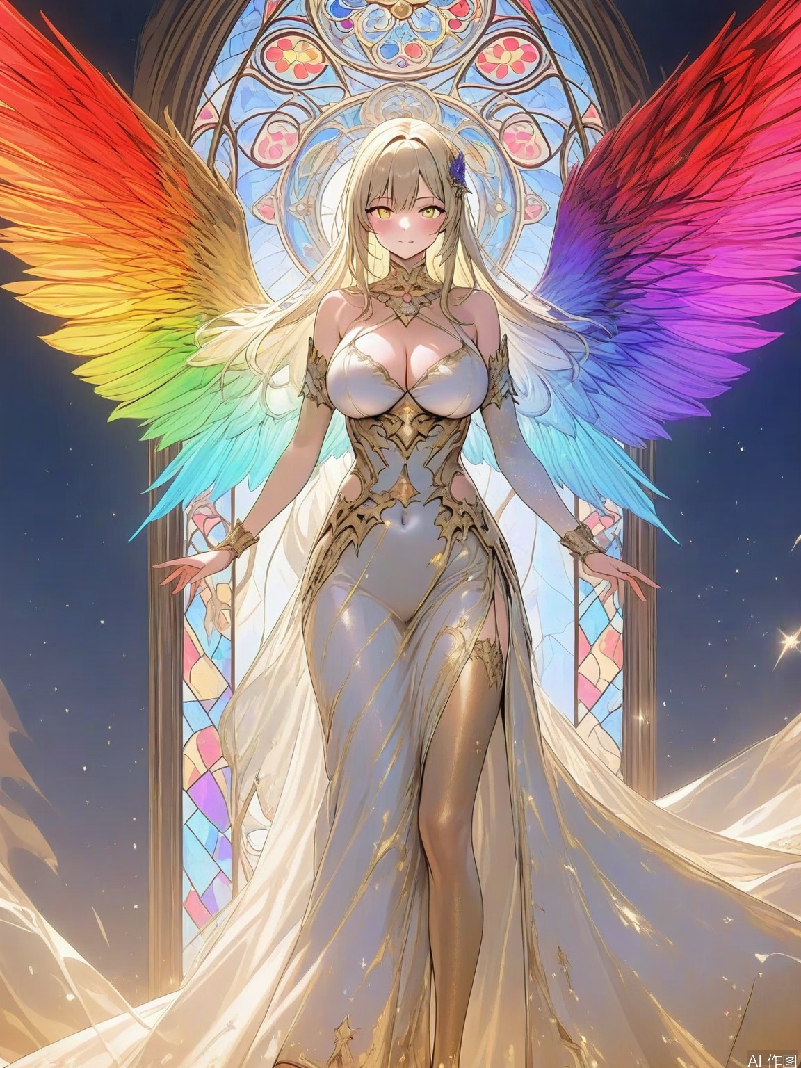 a woman is wearing a colorful,mirrored wings dress,in the style of global illumination,life-**** avian illustrations,new british sculpture,unreal engine 5,stained-glass,light gold and red,high speed film,