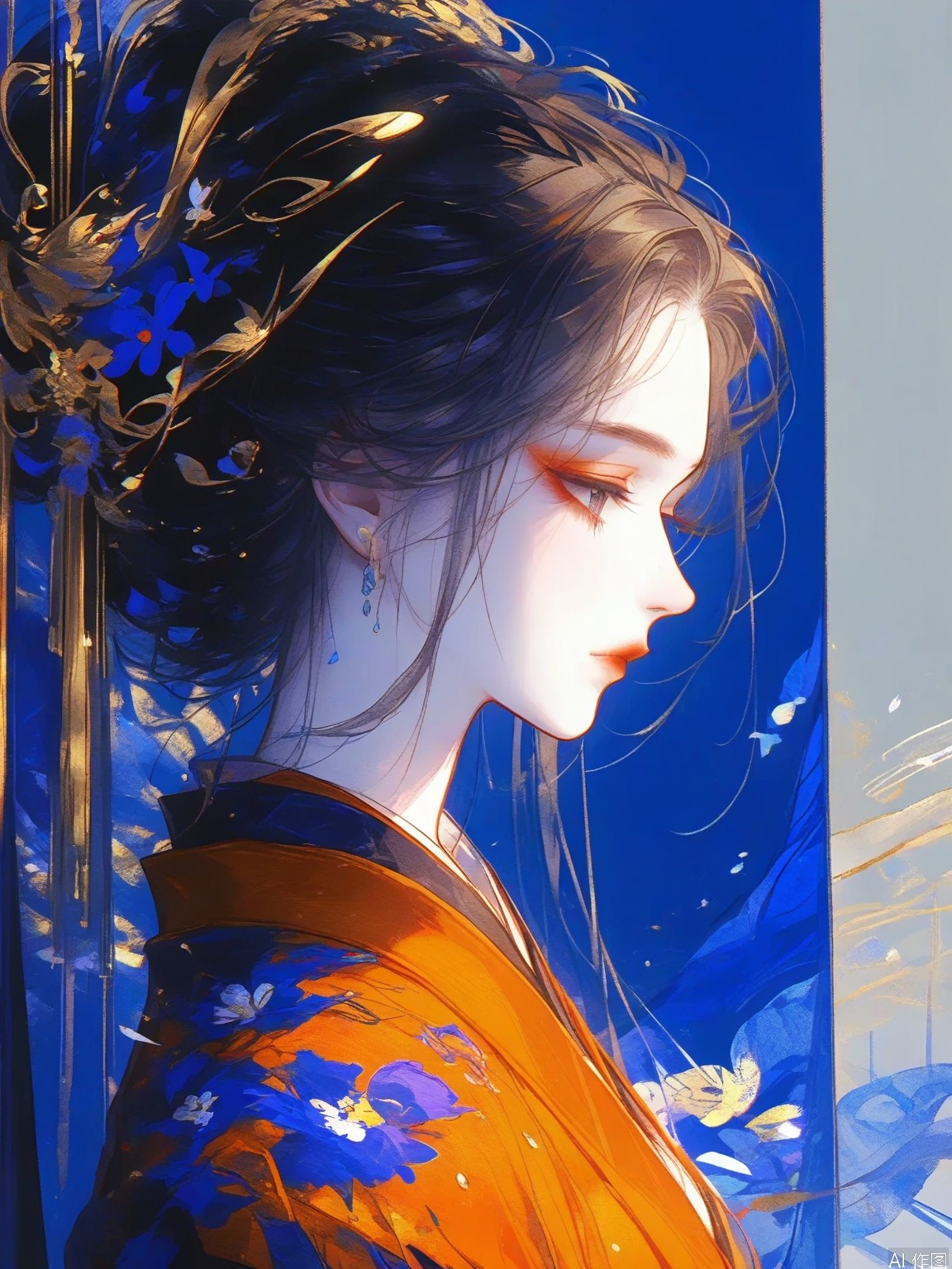 The image depicts a stylized artistic representation of a woman in profile dressed in a traditional garment. The woman is adorned in a vibrant orange kimono with intricate floral patterns which contrasts with the deep blue background. Her hair is elaborately styled featuring decorative elements that complement the overall aesthetic. The background is abstract with a blend of blue and purple hues creating a serene and ethereal atmosphere. The composition emphasizes the elegance and cultural richness of the attire and the artistic style.