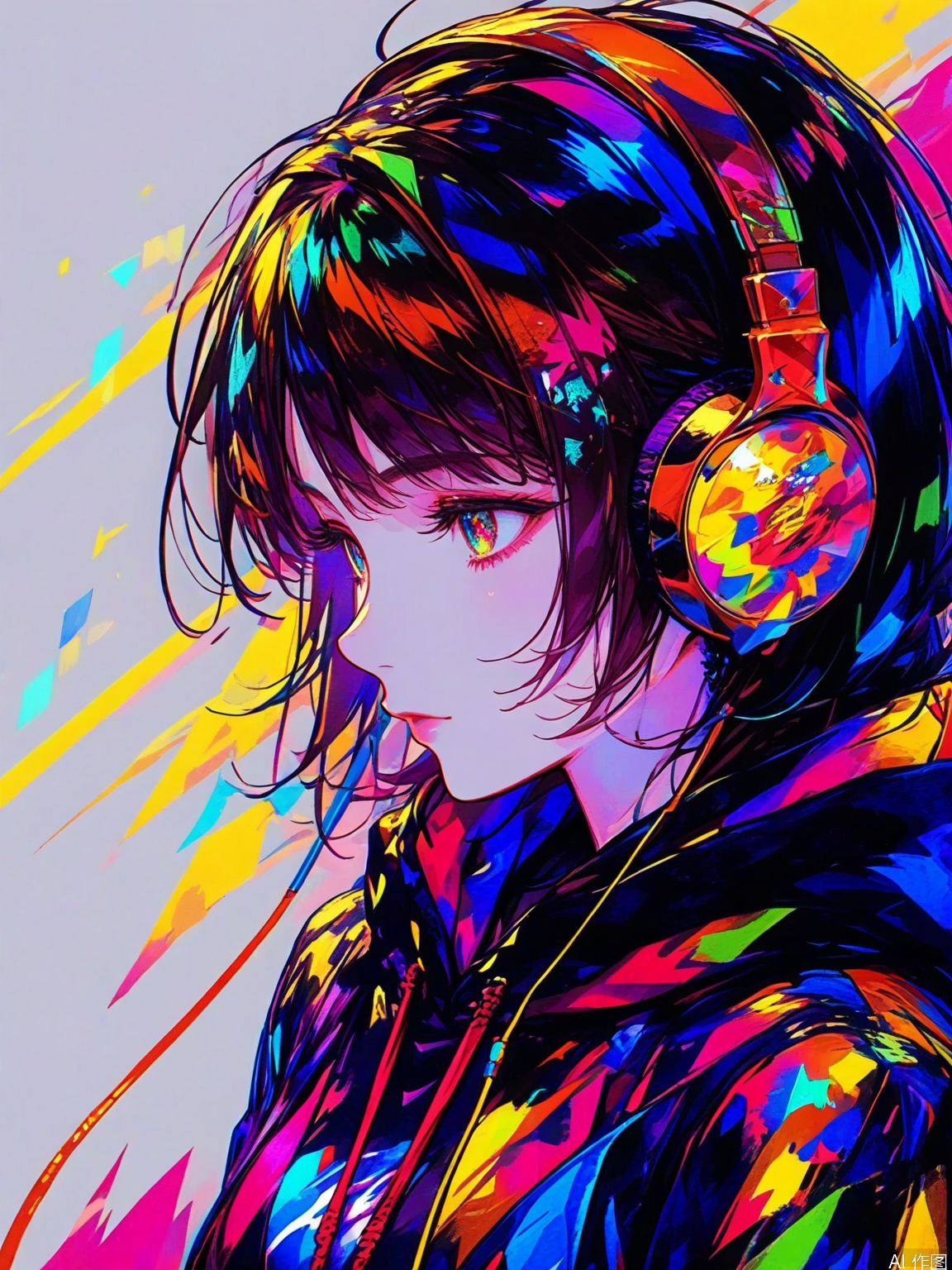 1girl, solo, headphones, hoodie, silhouette, colorful theme, low saturation,fashion,Trendy