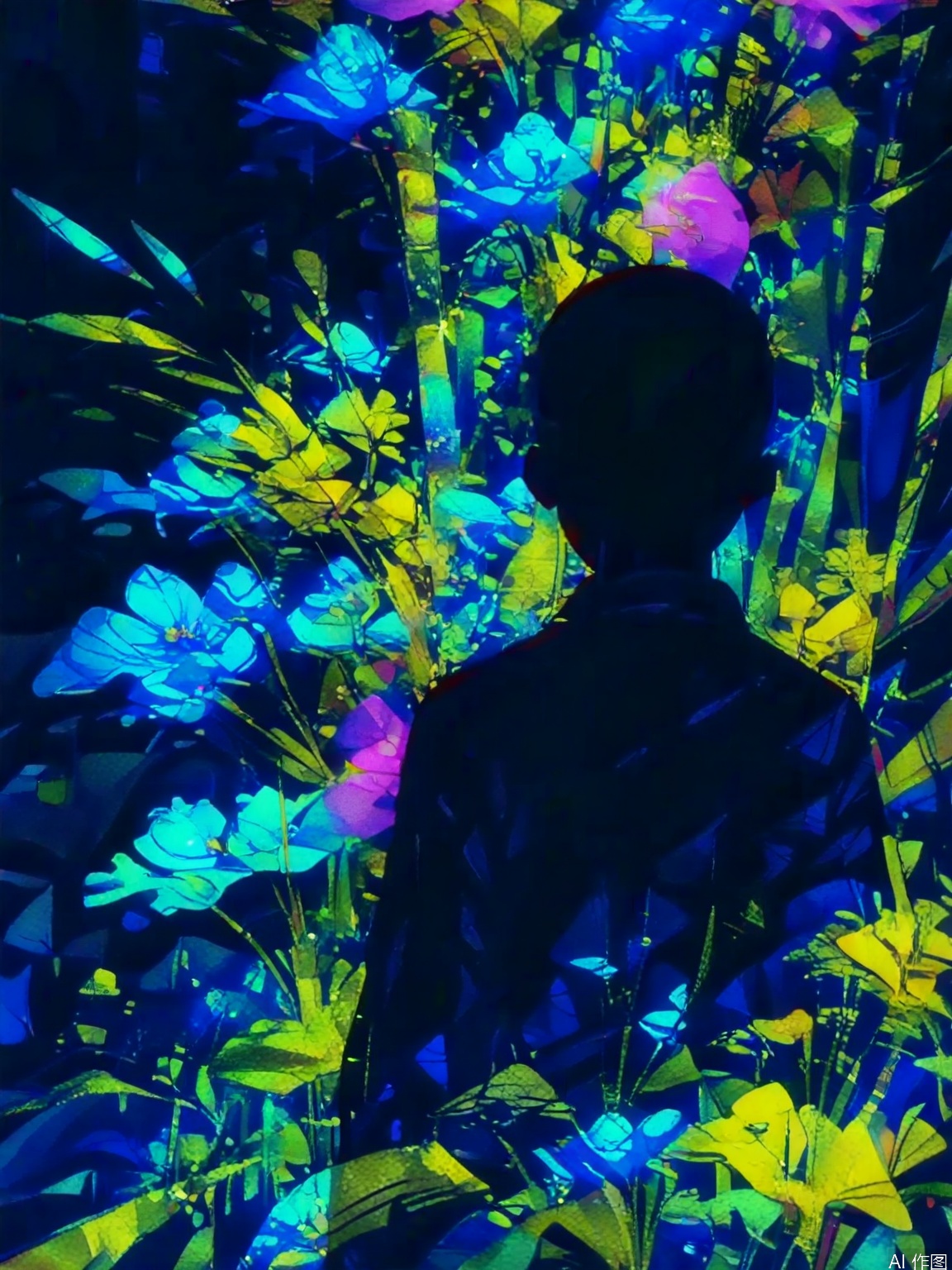 a silhouette of a person stands in front of a vibrant floral painting. The silhouette of the person is facing the viewer their back to the viewer. The painting is composed of a variety of colors including pink purple yellow green and blue creating a striking contrast against the dark background. The person's shadow is cast on the left side of the frame adding depth to the composition.