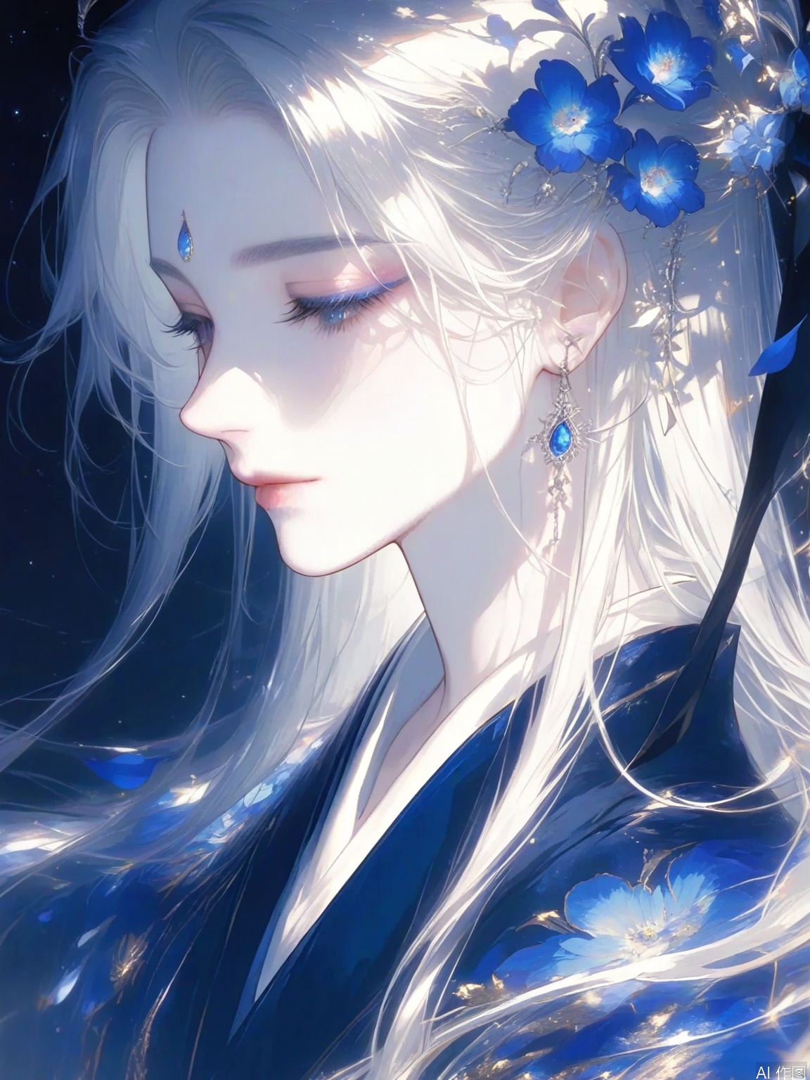 The image depicts a serene and ethereal scene featuring a character with long flowing white hair adorned with blue flowers. The character's eyes are large and expressive with a gentle almost melancholic expression. They are wearing an intricate silver necklace with a blue gemstone matching the color scheme of the flowers in the background. The background is a dark starry sky creating a contrast that highlights the character's delicate features and the soft glowing light that illuminates their face. The overall atmosphere is tranquil and mystical with a focus on the character's serene expression and the subtle details of their attire and accessories.