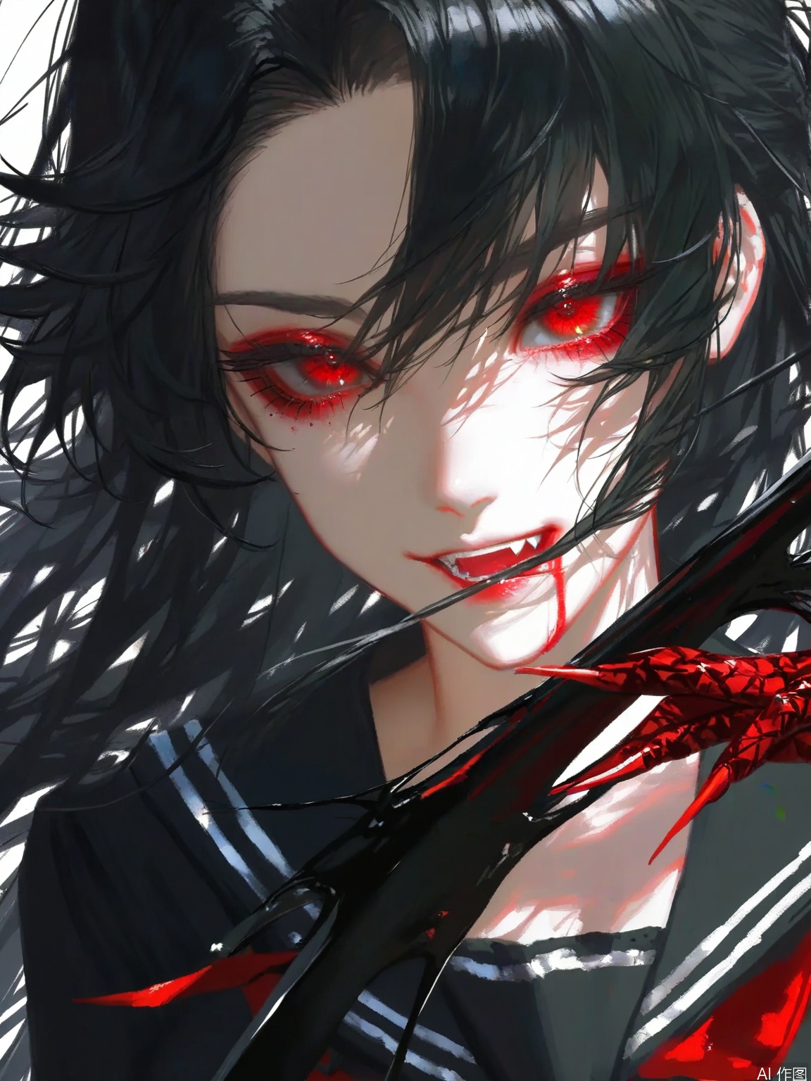 (artist:quasarcake:1.1), (artist:wlop:0.9) ,,(convenient censoring:0.8),dutch angle, dynamic pose, close-up,Fish-eye lens, masterpiece, best quality, absurdres, newest, very aesthetic, amazing quality,highres,sensitive 1girl, black long hair, red eyes, black serafuku, seductive smile, fighting stance, black spider hand, claws, open mouth, fang, blood on face, blood on hand