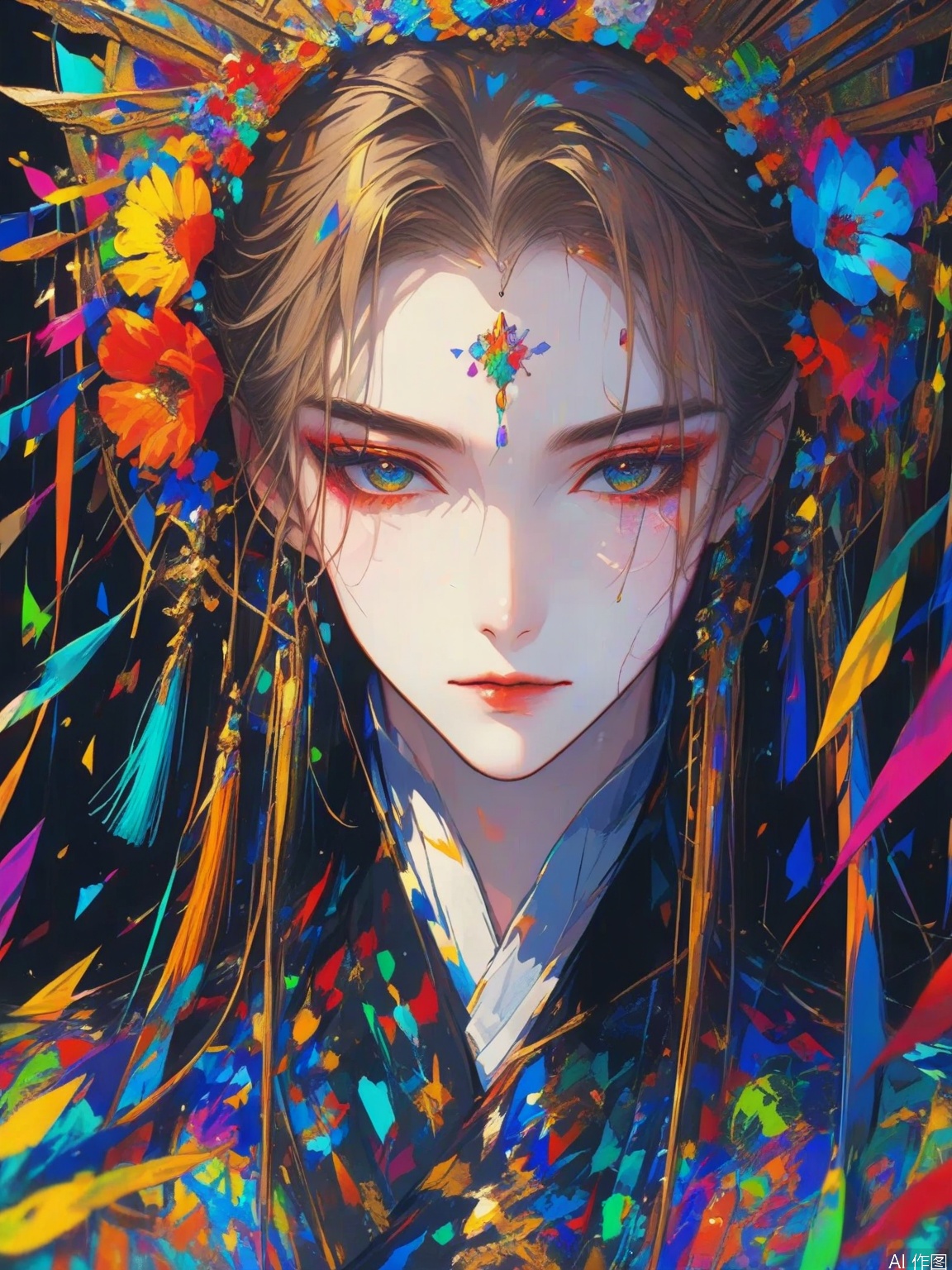 The image depicts a vibrant and colorful portrait of a person adorned with an elaborate headpiece. The headpiece is decorated with various colorful flowers geometric shapes and abstract patterns. The individual has light brown hair and is wearing a traditional garment with intricate designs. The background is dark which contrasts with the bright and vivid colors of the headpiece and the person's attire. The overall composition is dynamic and visually striking with a focus on the intricate details of the headpiece and the person's face.