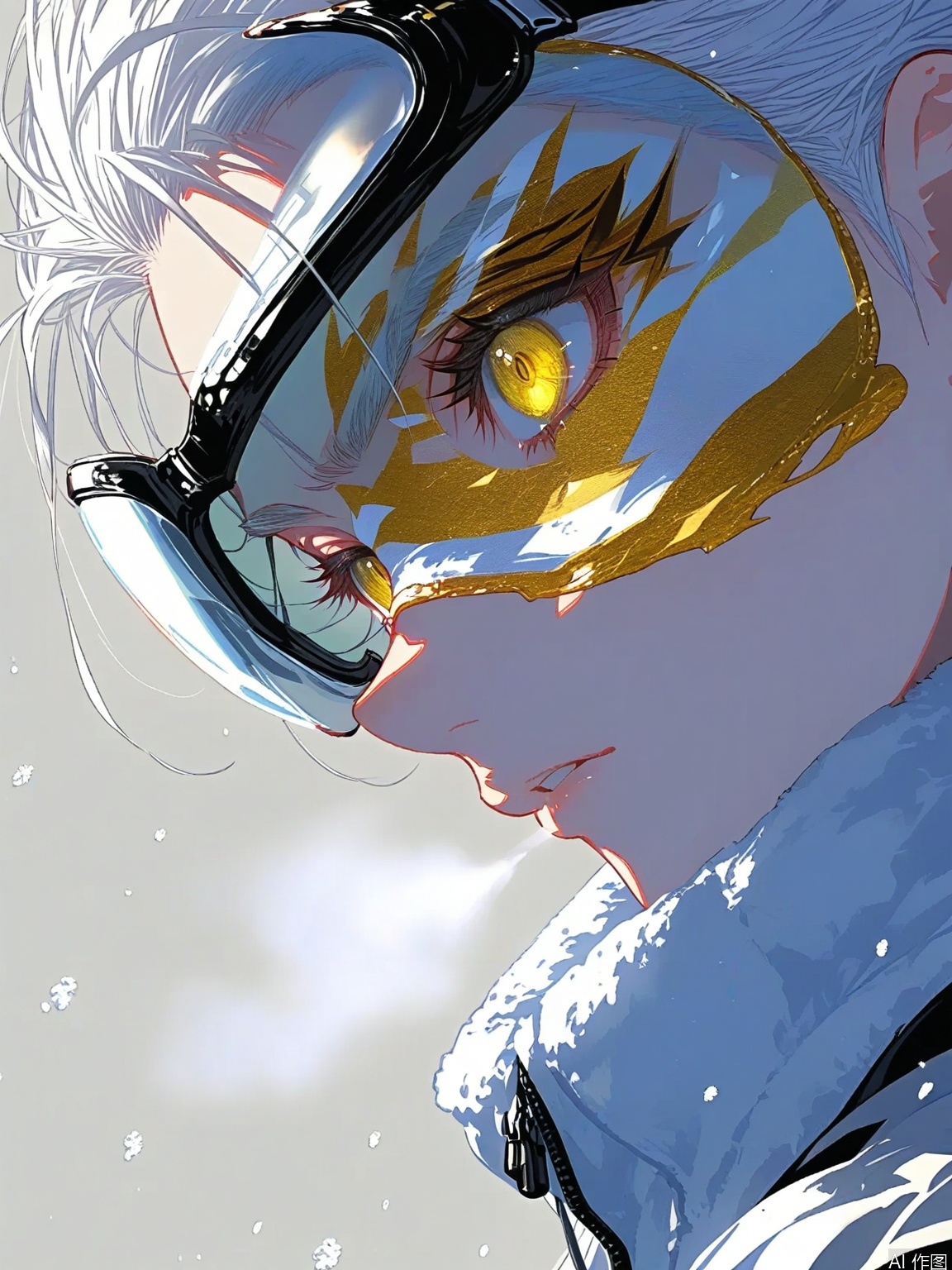 cogecha,(mika pikazo:0.4),[:(onono imoko:0.7),:12](rhasta:0.4),[quasarcake,::12][(jima:0.8),::12] ultra close-up of the maiden glaring defiantly, her platinum white undercut hair with glowing yellow highlights framing her face. Industrial-grade ski goggles are pushed up, revealing her vertical-pupil eyes. Her heated breath is melting the snow on her scarf. One of her tiger teeth, chipped with a gold filling, is visible. A neon orange防寒面罩(cold-weather mask) is pulled down to her chin. A cross-shaped bandaid is across her nose bridge, and holographic snow data is reflected on her goggles. Steam vents on her jacket collar emit heat waves.
