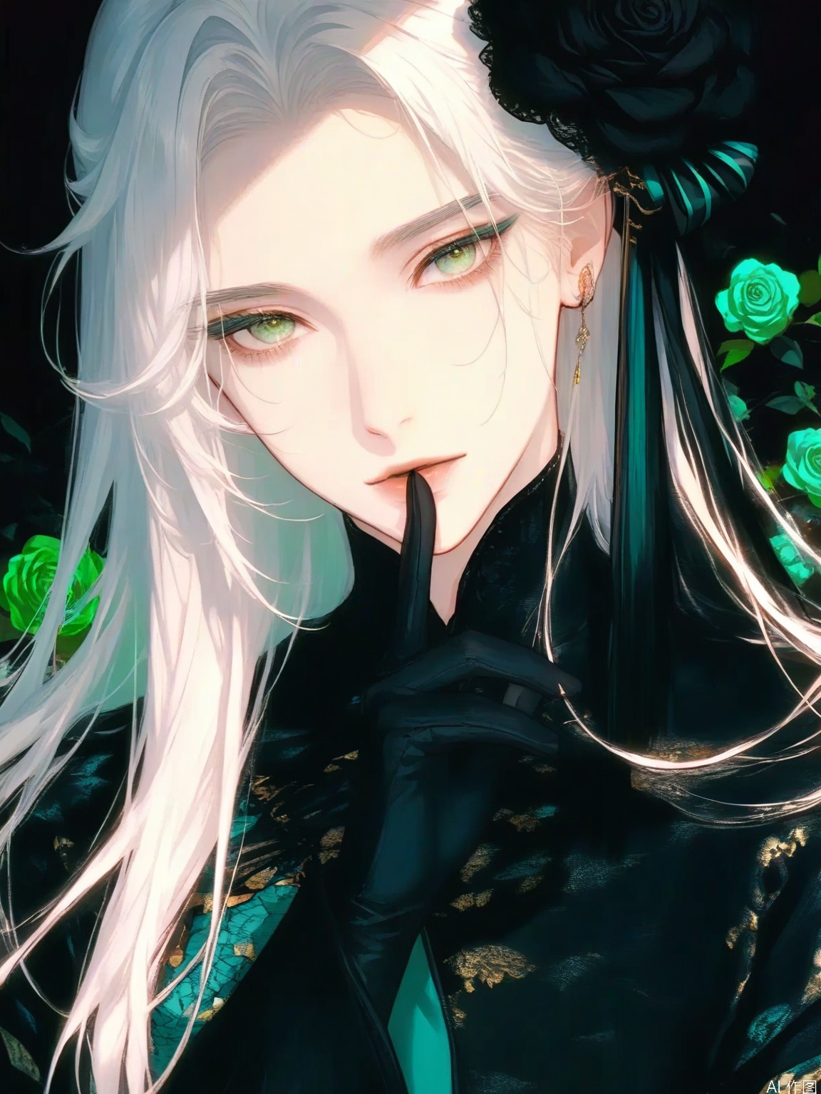 The image depicts a character with long flowing white hair and striking green eyes. The character is wearing a dark outfit with a pattern that includes black and teal colors. There are two black roses in the image one on the left side of the character's head and another on the right side both with green centers. The character is holding a finger to their lips suggesting a gesture of secrecy or whispering. The background is dark which contrasts with the bright colors of the character and the roses. The overall style of the image is anime-inspired with detailed and vibrant artwork.