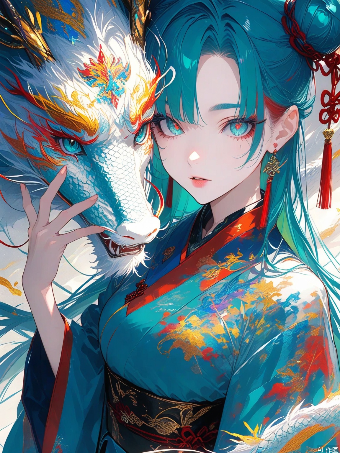 masterpiece, extreme aesthetic,best quality, high quality, extremely detailed CG unity 8k wallpaper, extremely detailed, High Detail, vibrant colors, anime style, cover art, sharp focus,impactful picture,offcial art,Chinese style,Anime national style clothes,Colorful and complex background, masterpiece,best quality,good quality,newest,very aesthetic,absurdres,Visual impact,32K UHD,colorful, 1girl, solo, long hair, eastern dragon, dragon, multicolored hair, double bun, year of the dragon, long sleeves, japanese clothes, wide sleeves, hair bun, parted lips, aqua eyes, blue eyes, aqua hair, chinese zodiac, sash, skirt, hakama, chinese clothes, hand up (wanke:0.8),(mon (monmon2133):0.5),(mochizuki kei:0.95), (tira 27:0.7)