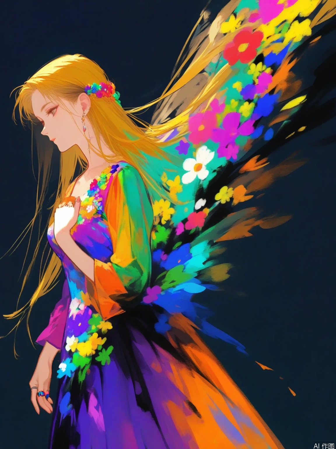 a digital painting of a girl with long blonde hair wearing a colorful dress adorned with a ring on her left hand. The girl's dress is adorned in a variety of vibrant colors including pink blue yellow green orange and purple. Her hair is adorned with colorful flowers adding a pop of color to the scene. The background is a deep black creating a stark contrast to the girl's outfit.