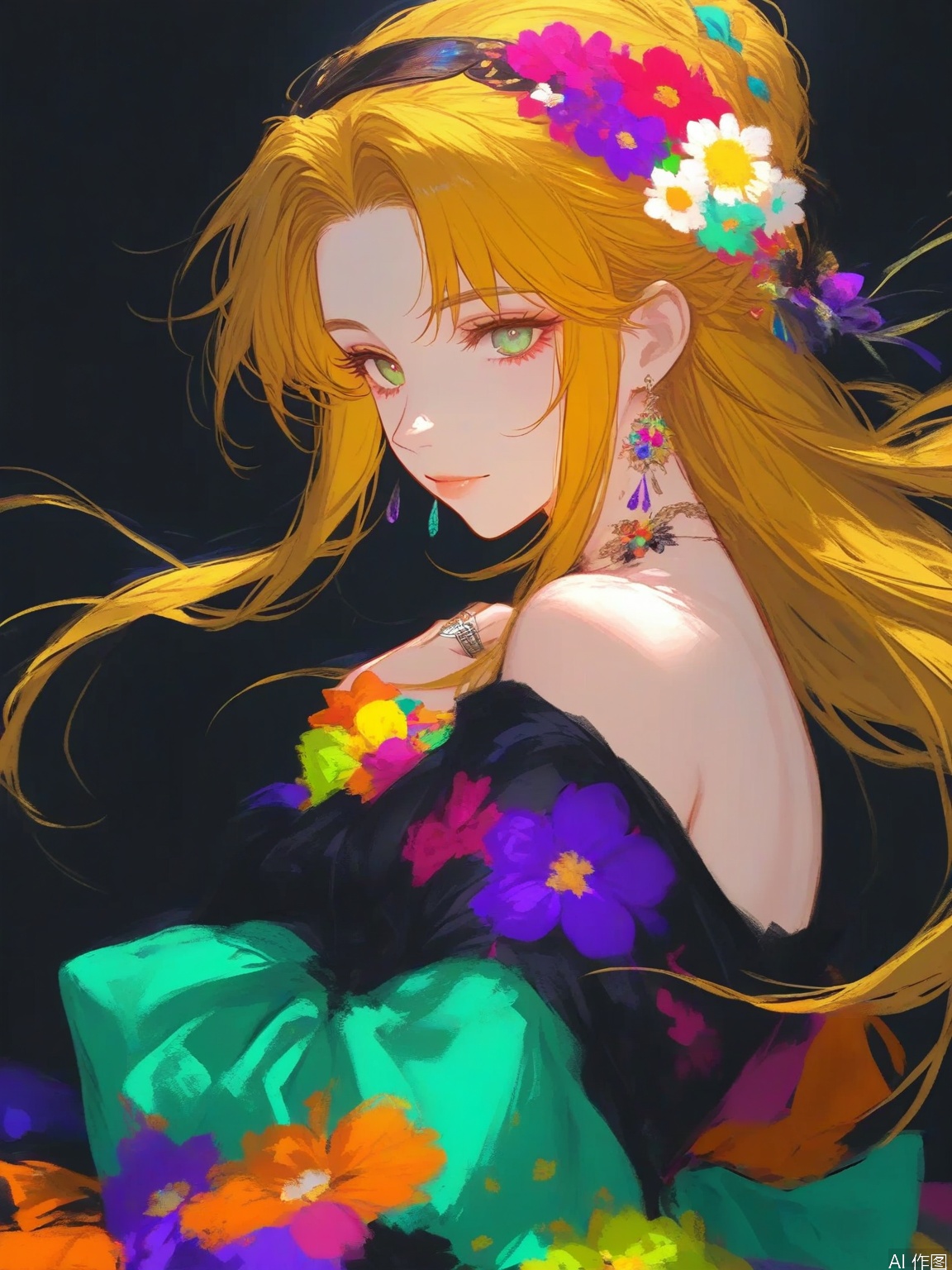 a digital painting of a girl with long blonde hair wearing a colorful dress adorned with a ring on her left hand. The girl's dress is adorned in a variety of vibrant colors including pink blue yellow green orange and purple. Her hair is adorned with colorful flowers adding a pop of color to the scene. The background is a deep black creating a stark contrast to the girl's outfit.