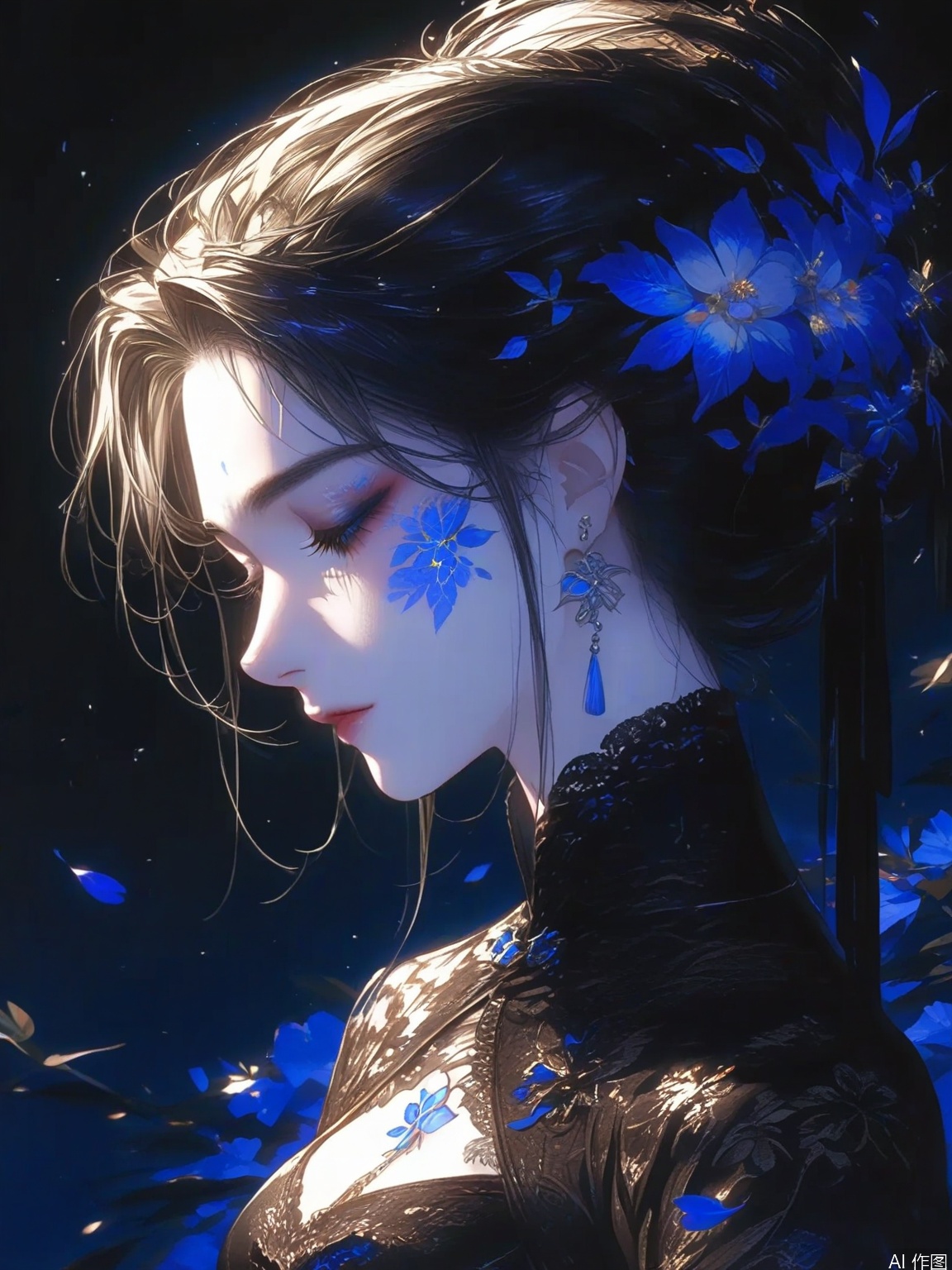 The image depicts a stylized anime-style character with a dark elegant appearance. The character has intricate floral patterns glowing on their skin which are highlighted in a striking blue hue. They are wearing a black form-fitting dress with lace details. Their hair is styled in an updo adorned with a decorative hairpiece that includes leaves and possibly feathers. The background is dark with floating leaves and glowing particles creating a mystical atmosphere. The overall aesthetic is ethereal and otherworldly with a focus on the glowing floral patterns and the character's serene expression.