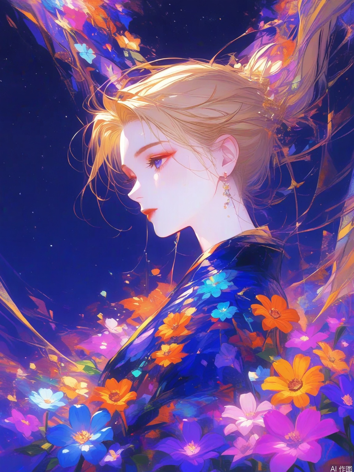 It's a vibrant digital painting depicting a humanoid figure whose flowing, translucent, blond hair blends into a sea of colorful flowers. The background was a deep, starry night sky, with flowers in shades of purple, pink and orange,